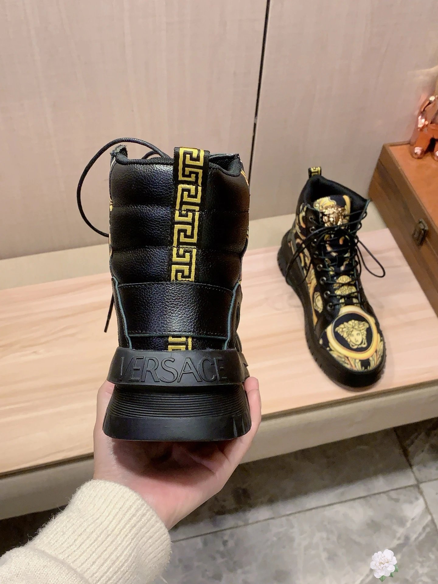 High Top Leather Sneakers Baroque Pattern Black Gold - Gallery Image 9 - Detailed View