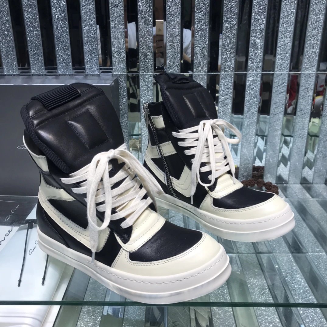 Rick Owens Geobasket Triangular High-Top Sneakers Black White - Gallery Image 3 - Detailed View