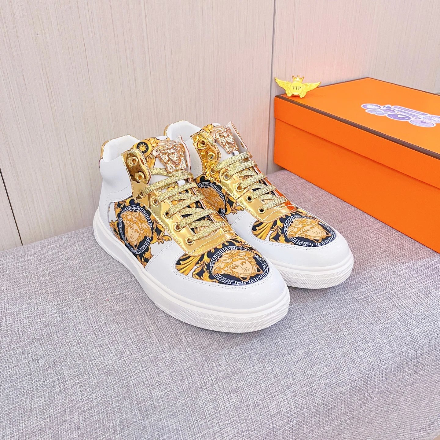 Baroque Leather High Top Sneakers Gold White - Gallery Image 1 - Detailed View