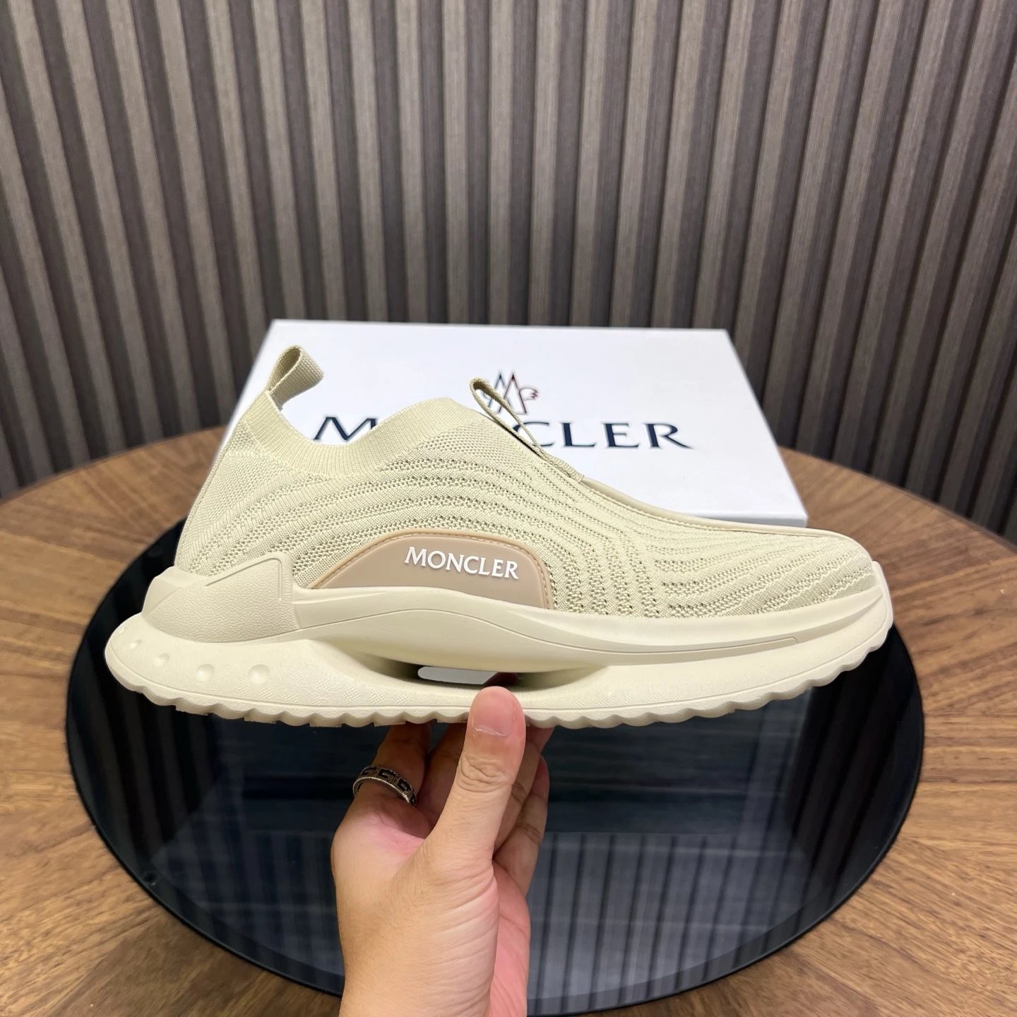 Moncler Ultra-light Knit Beige Sneakers  - Gallery Image 4 - Detailed View