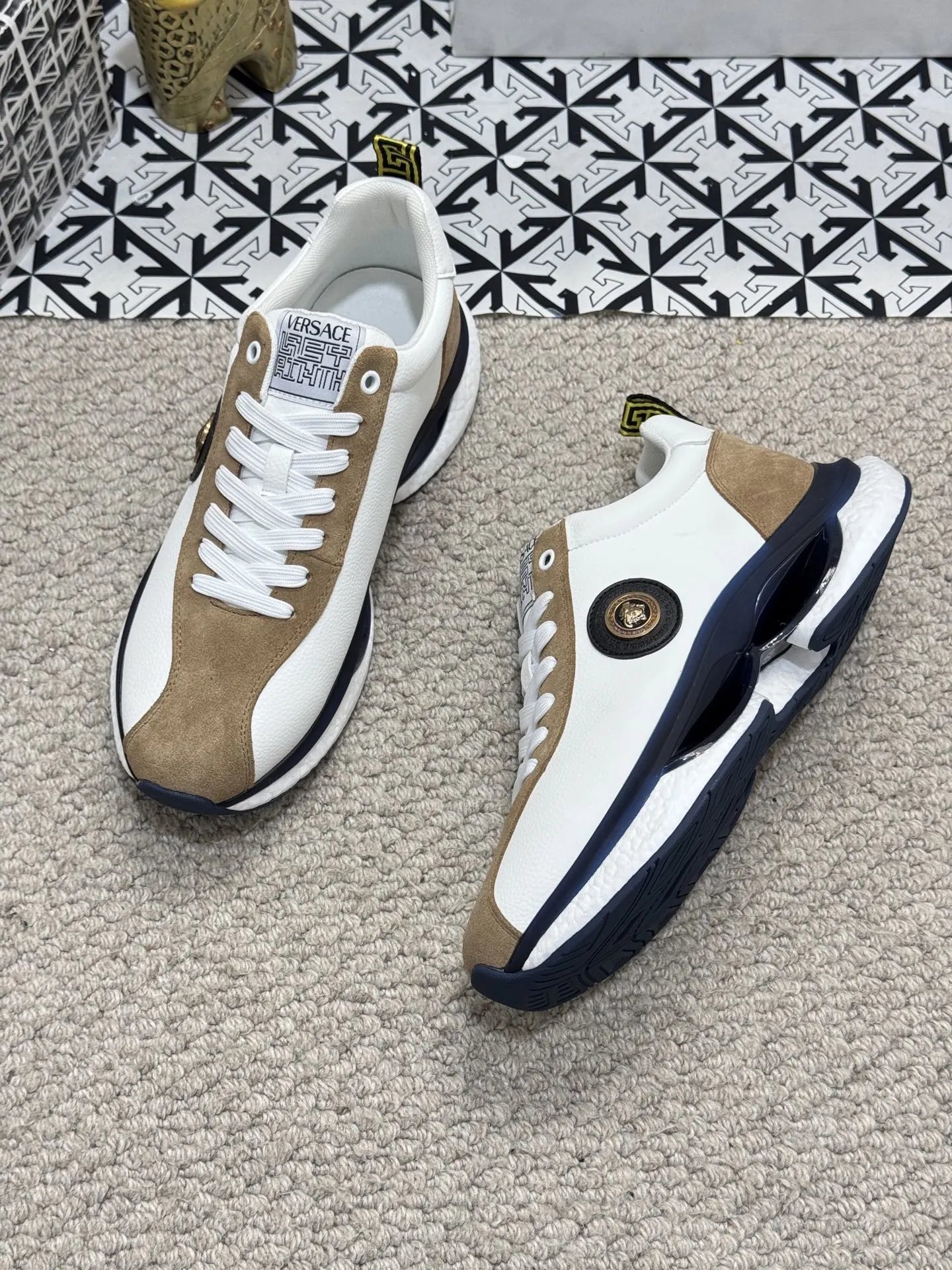 Luxury Leather Mesh Sneakers Beige White - Gallery Image 6 - Detailed View