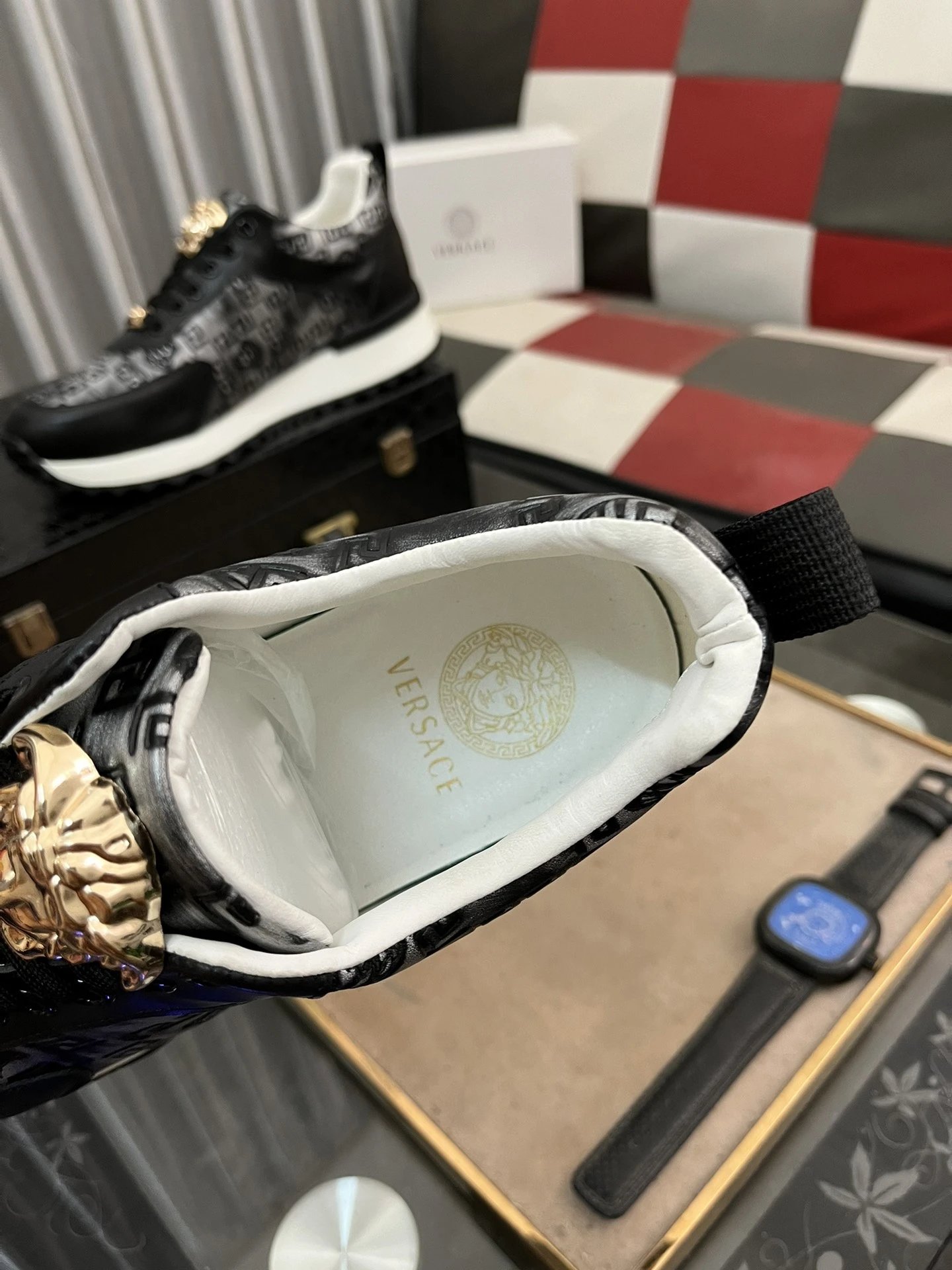 Luxury Leather Sneakers Greek Key Black - Gallery Image 8 - Detailed View