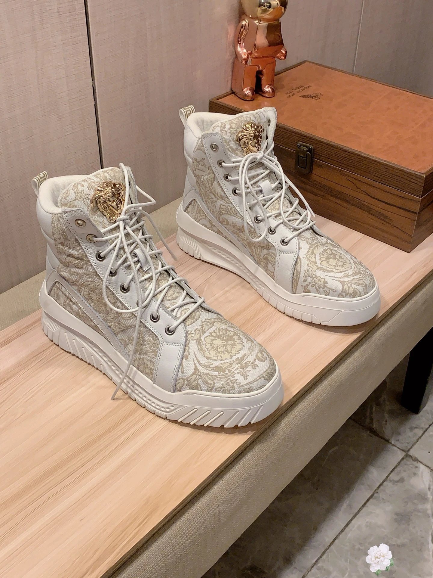 High Top Leather Jacquard Sneakers Ivory - Gallery Image 2 - Detailed View