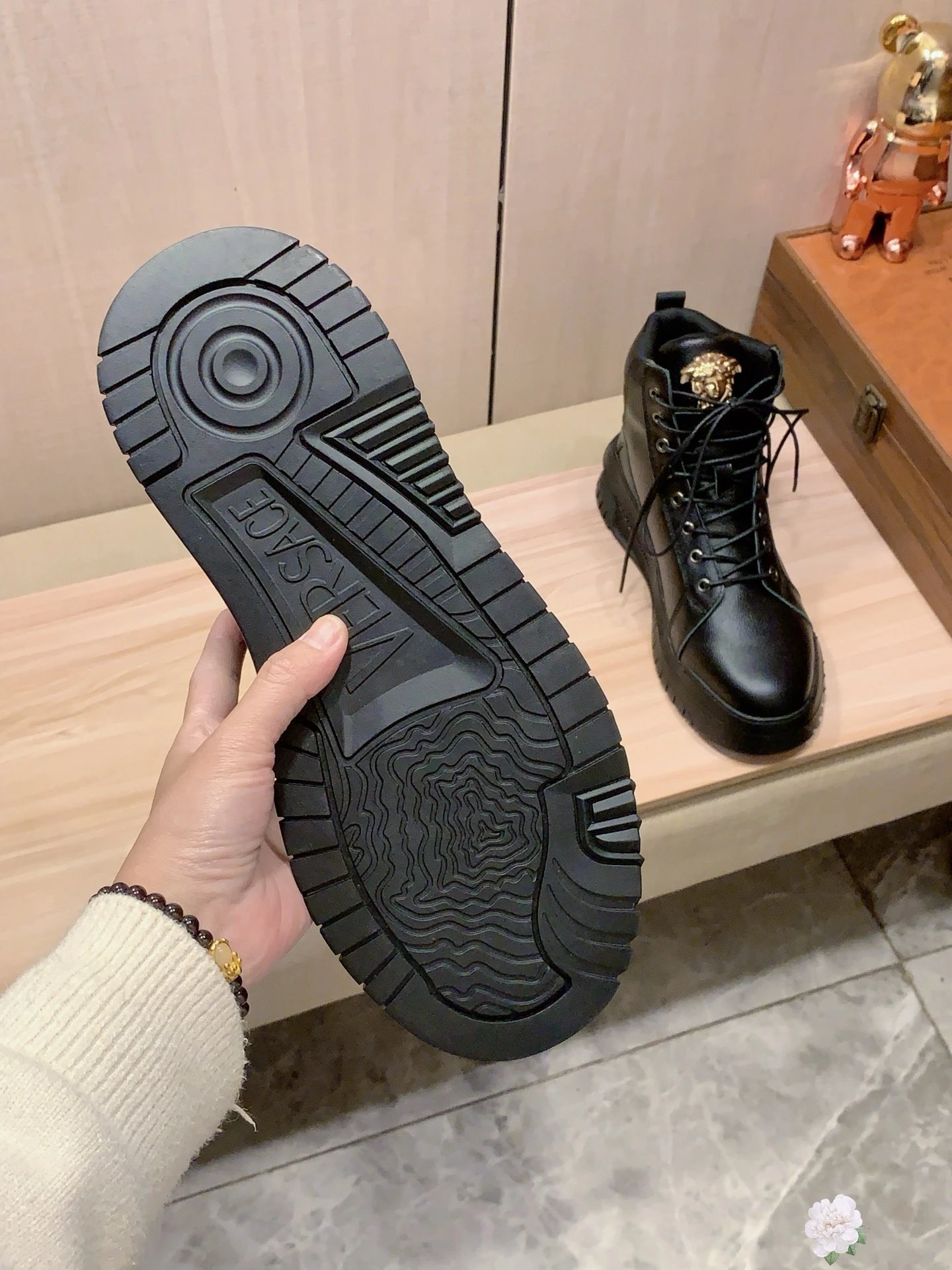 High Top Leather Sneakers Gold Black - Gallery Image 7 - Detailed View