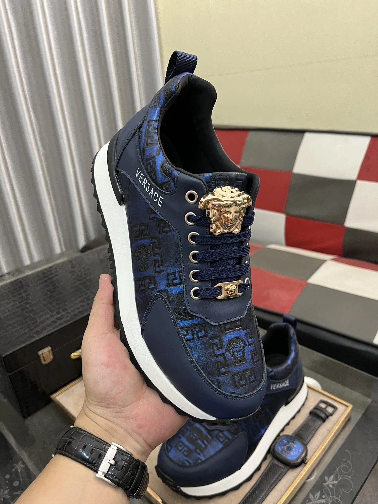 Luxury Leather Sneakers Navy Blue - Gallery Image 4 - Detailed View