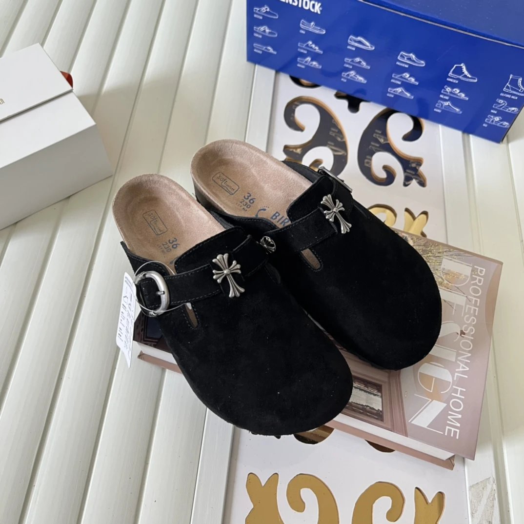 Suede Cross Buckle Closed Toe Mules Soft Sole Ebony - Gallery Image 1 - Detailed View