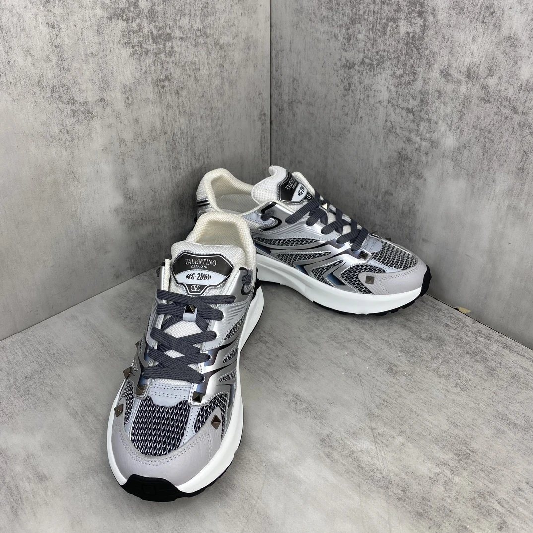 Chunky Leather Mesh Sneakers Metallic Silver - Gallery Image 2 - Detailed View
