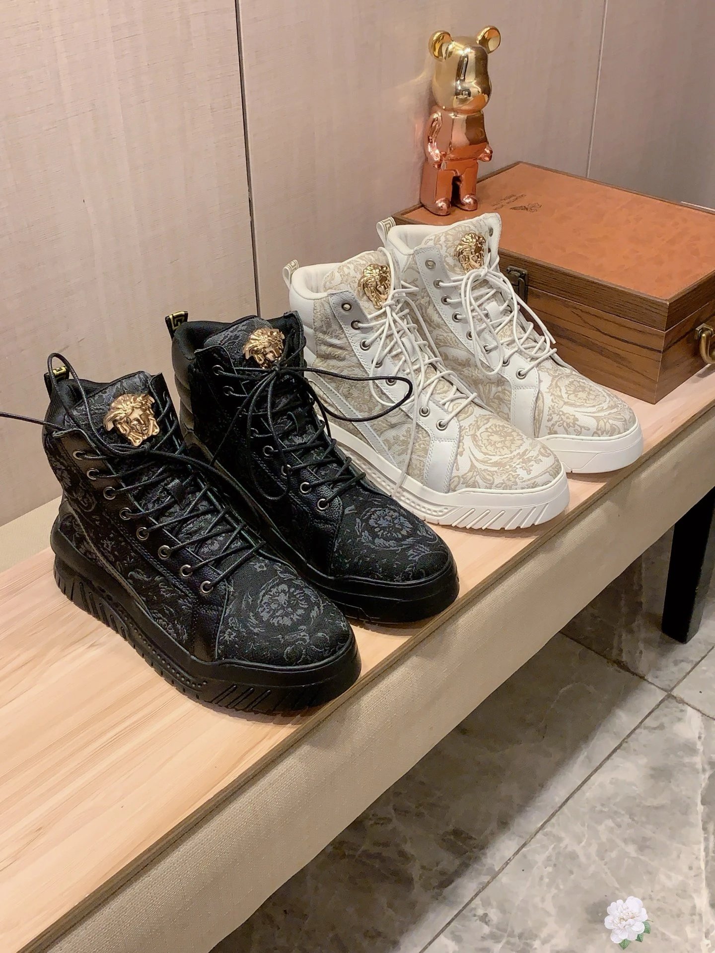 High Top Leather Jacquard Sneakers Ivory - Gallery Image 3 - Detailed View