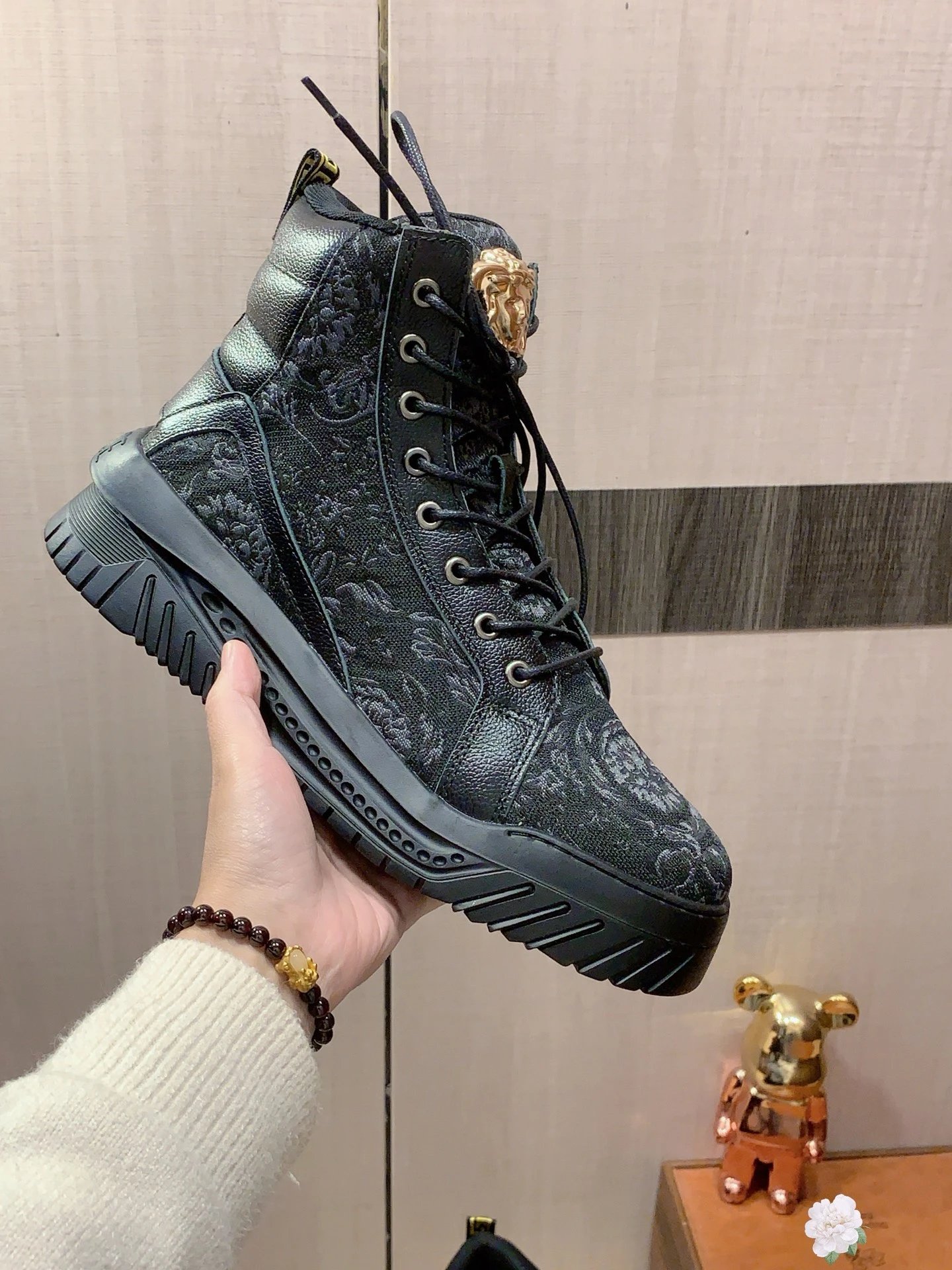 High Top Leather Sneakers Floral Black - Related Product - Cnfans