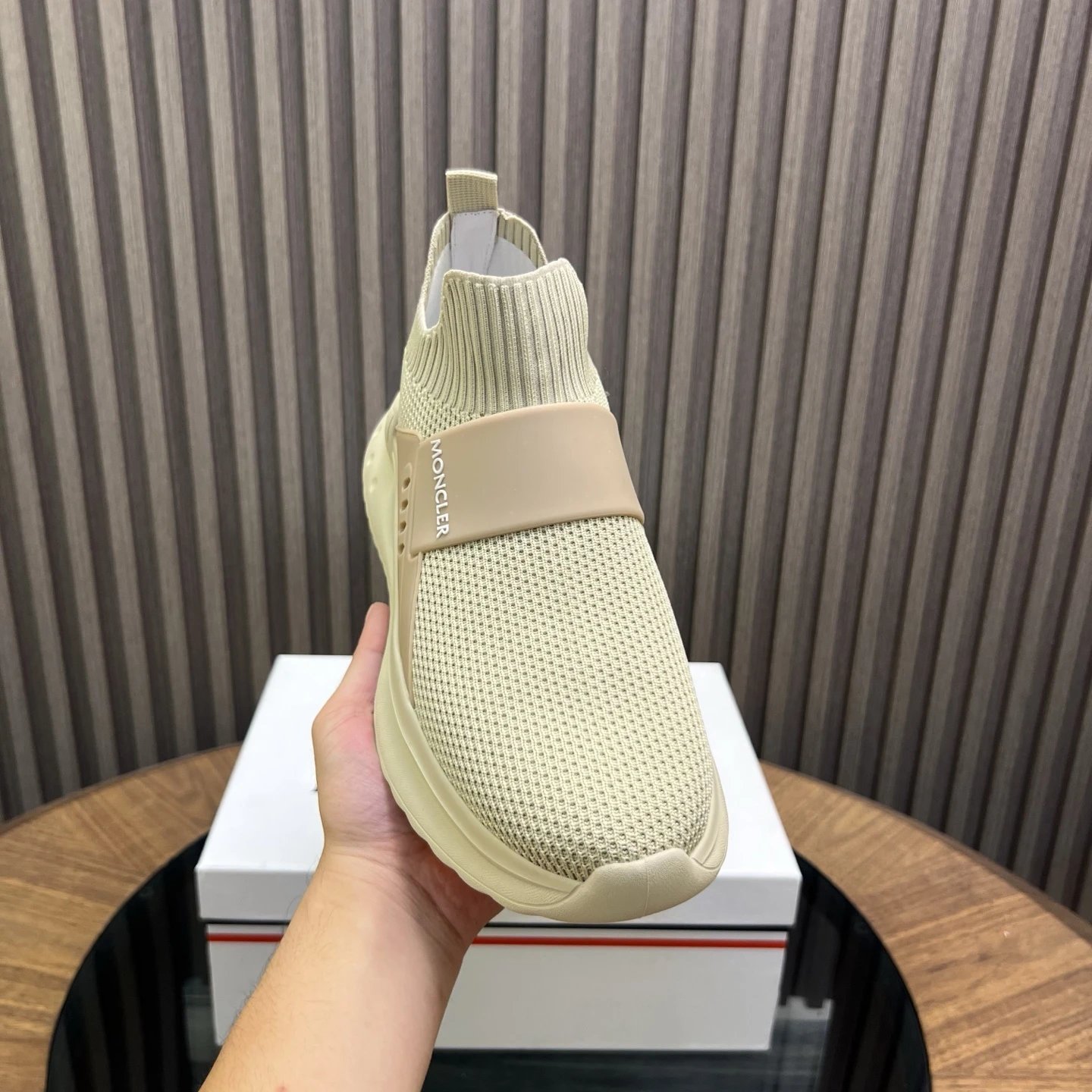 Moncler Ultra-light Knit Sneakers Beige - Gallery Image 5 - Detailed View