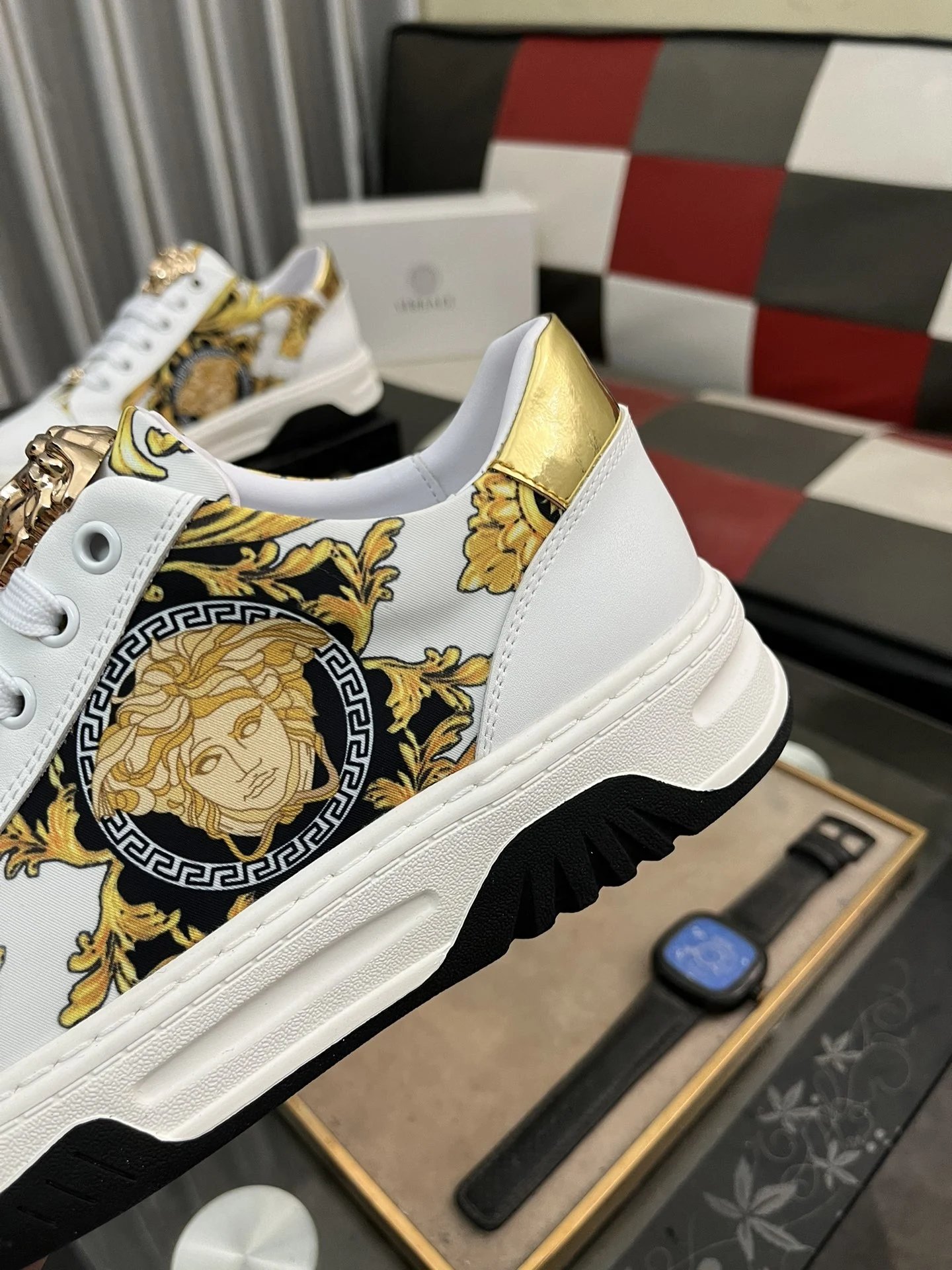 Luxury Leather Low Top Sneakers Baroque White Gold - Gallery Image 7 - Detailed View