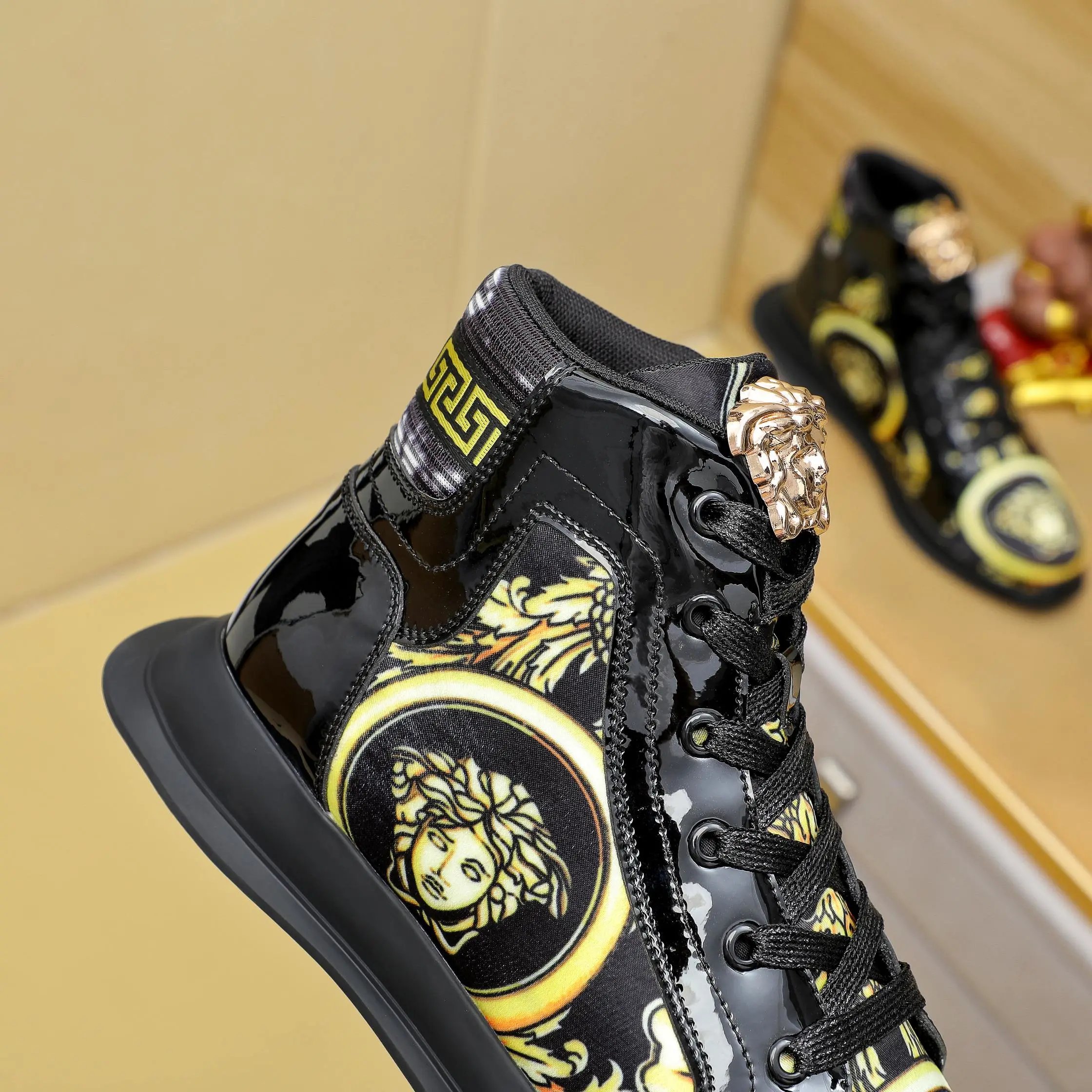 Luxury High Top Leather Sneakers Baroque Black Gold - Gallery Image 7 - Detailed View