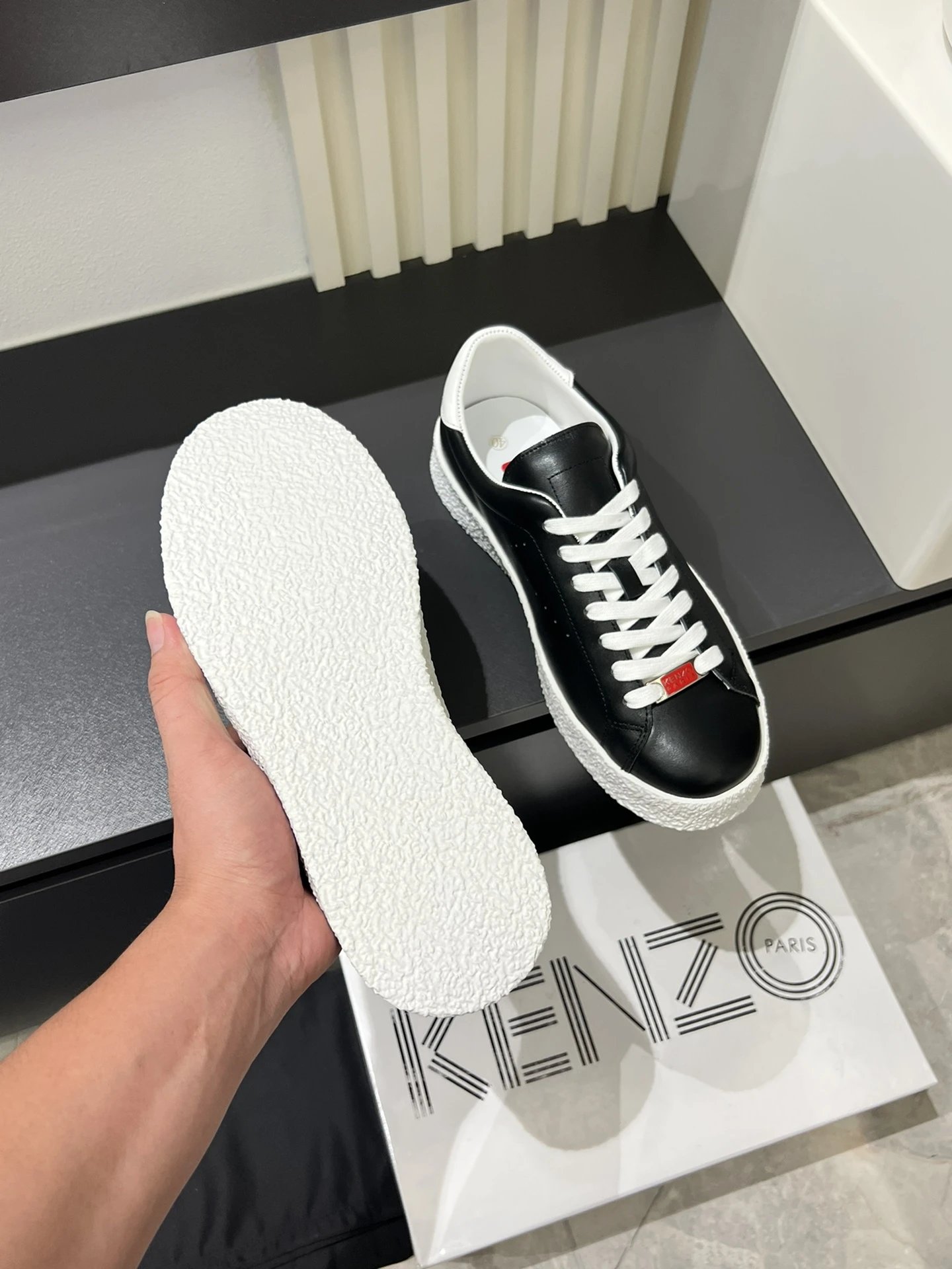 Kenzo Black Leather Sneakers White Accent - Gallery Image 7 - Detailed View