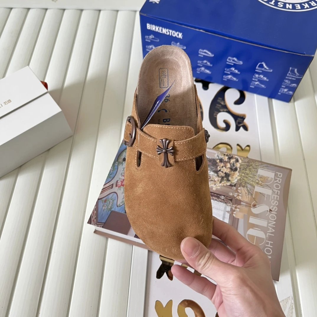 Suede Cross Buckle Closed Toe Clogs Camel Brown - Gallery Image 8 - Detailed View