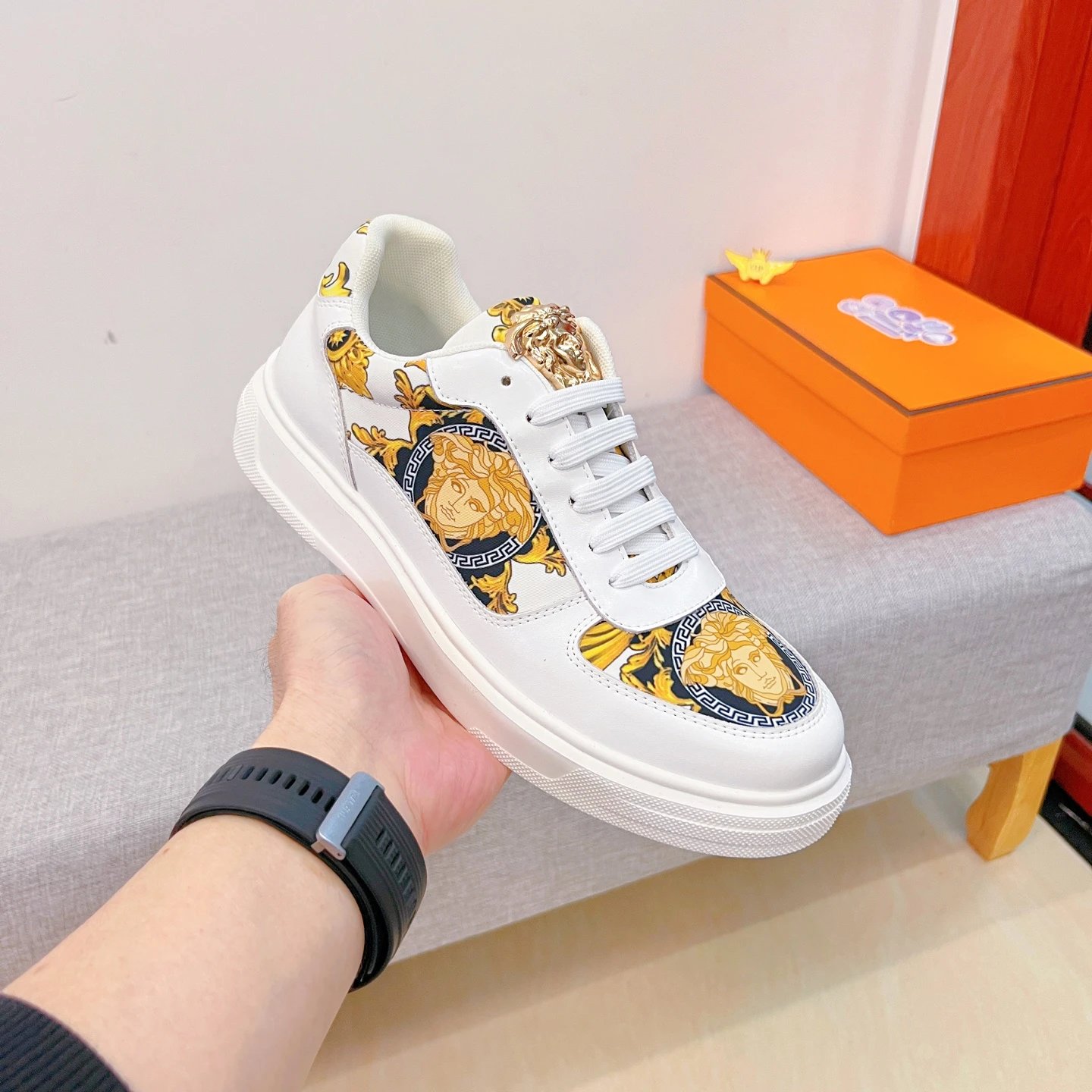 Luxury Leather Low Top Sneakers Baroque Gold White - Gallery Image 6 - Detailed View
