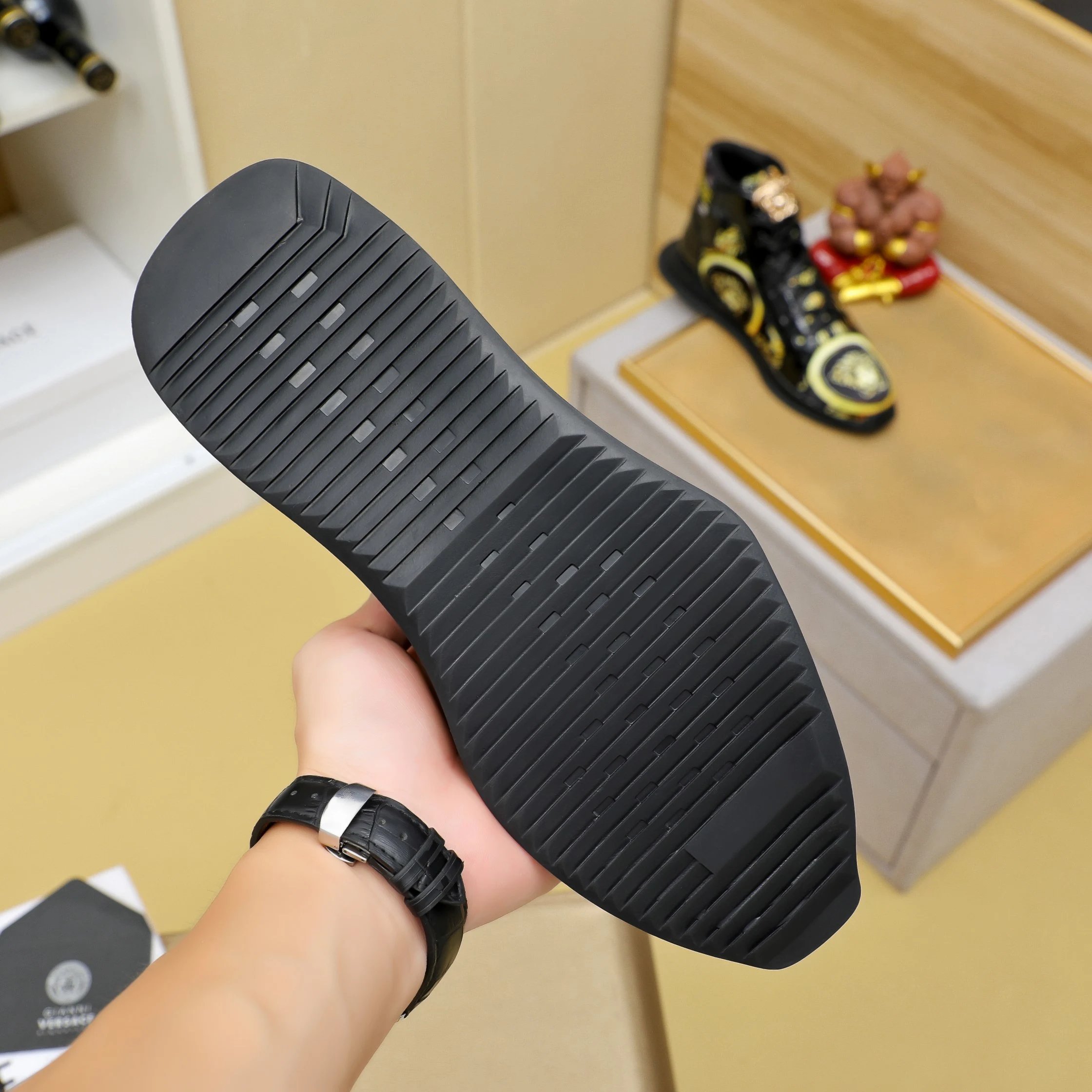 Luxury High Top Leather Sneakers Baroque Black Gold - Gallery Image 9 - Detailed View