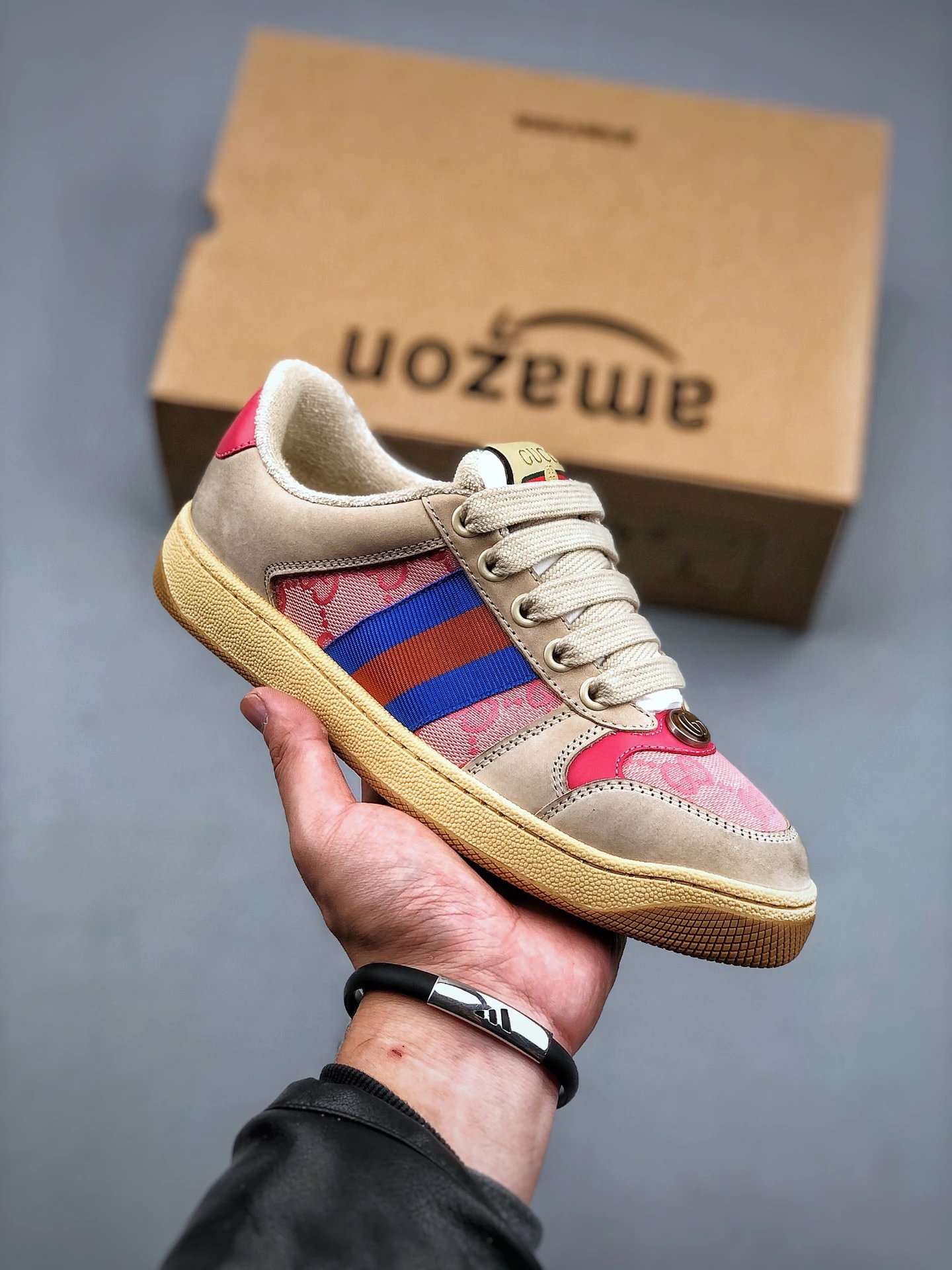 Gucci Distressed Screener Beige Pink Sneakers Blue Red - Gallery Image 1 - Detailed View