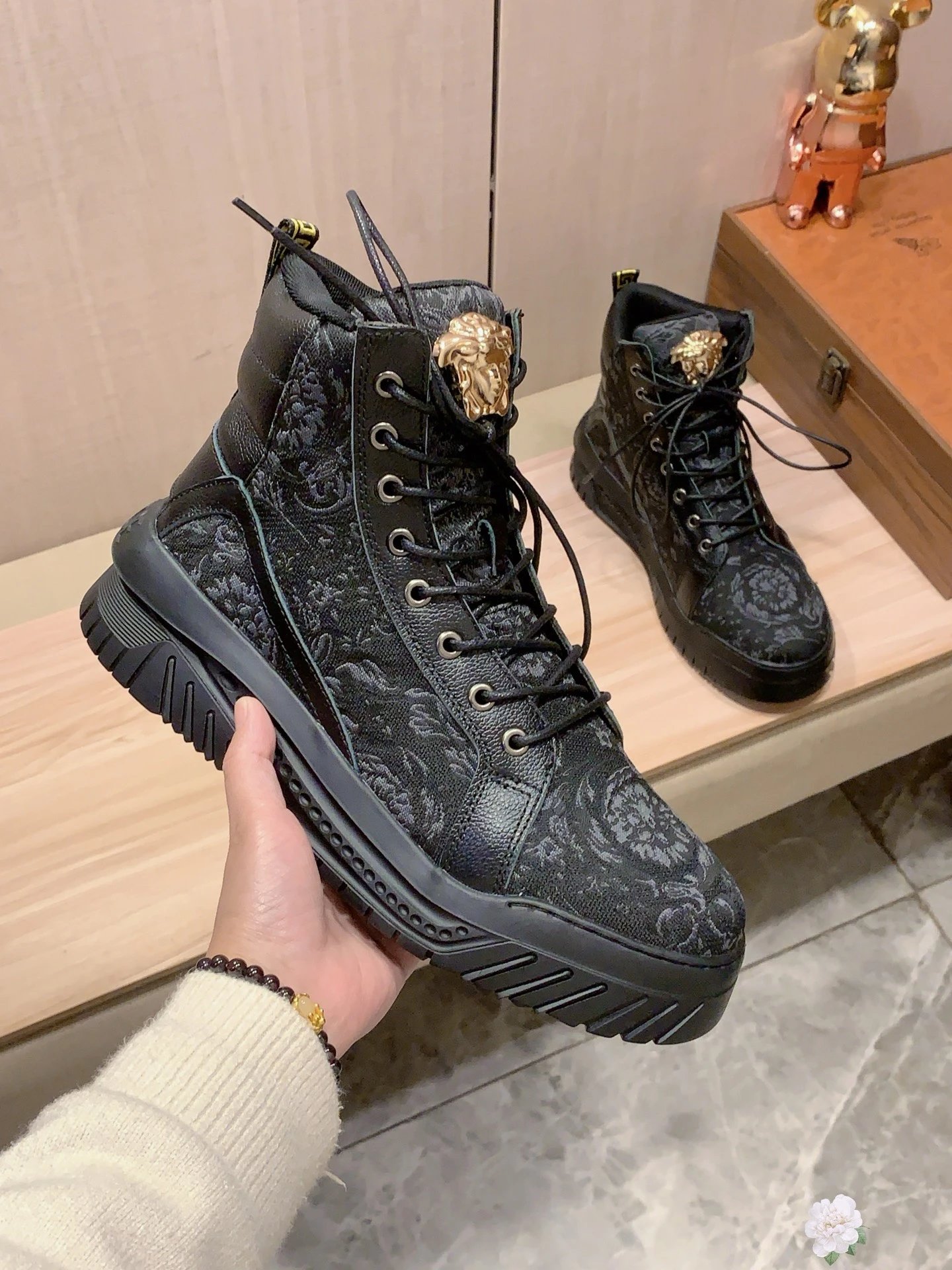 High Top Leather Sneakers Floral Black - Gallery Image 8 - Detailed View