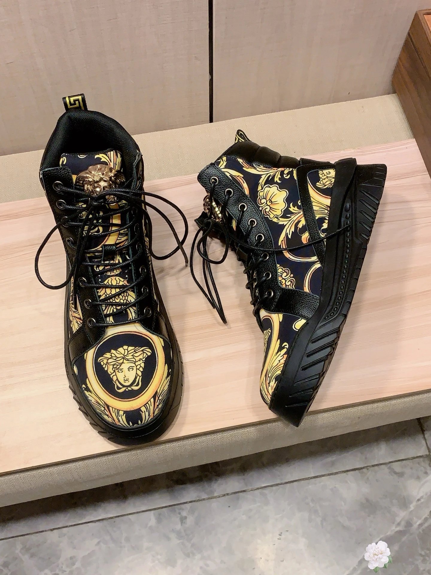 High Top Leather Sneakers Baroque Pattern Black Gold - Gallery Image 5 - Detailed View