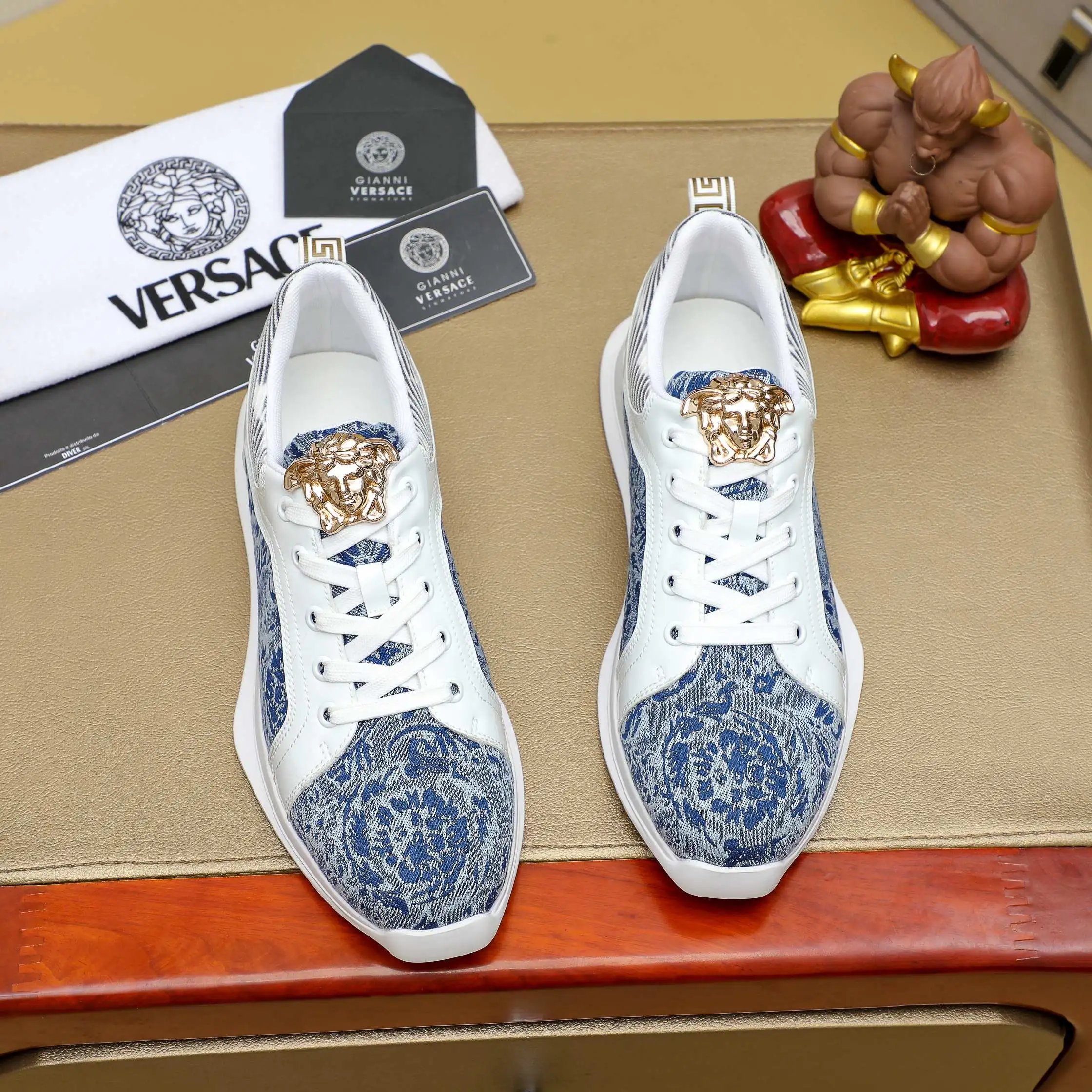 Luxury Jacquard Leather Sneakers Navy White - Gallery Image 2 - Detailed View
