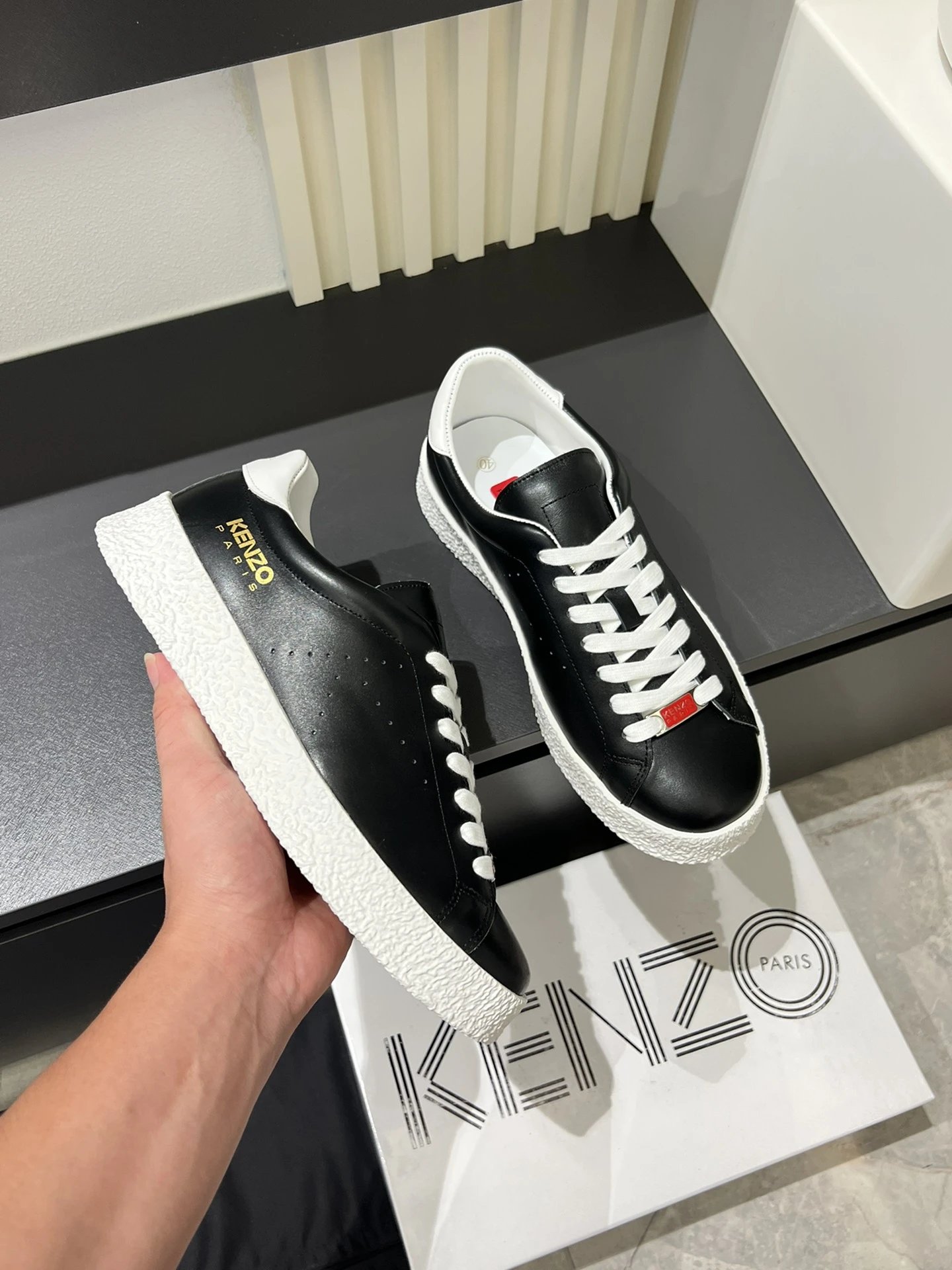 Kenzo Black Leather Sneakers White Accent - Gallery Image 6 - Detailed View