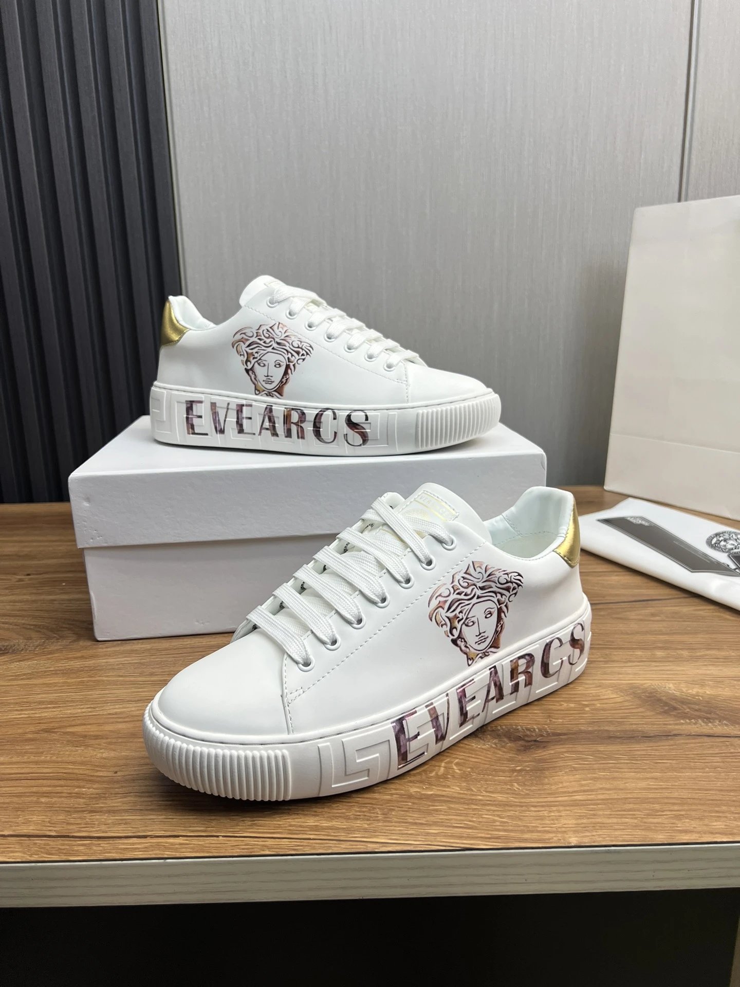 Luxury Leather Couple Sneakers Ivory Gold - Gallery Image 4 - Detailed View