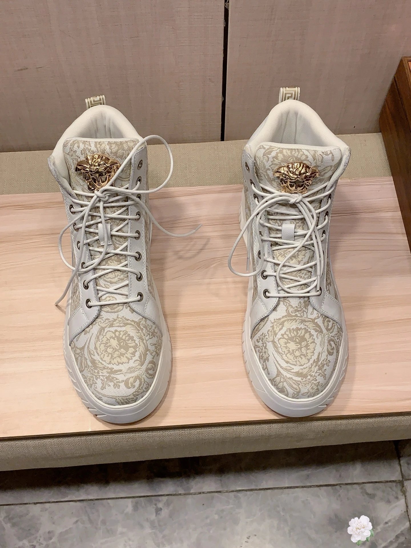High Top Leather Jacquard Sneakers Ivory - Gallery Image 4 - Detailed View
