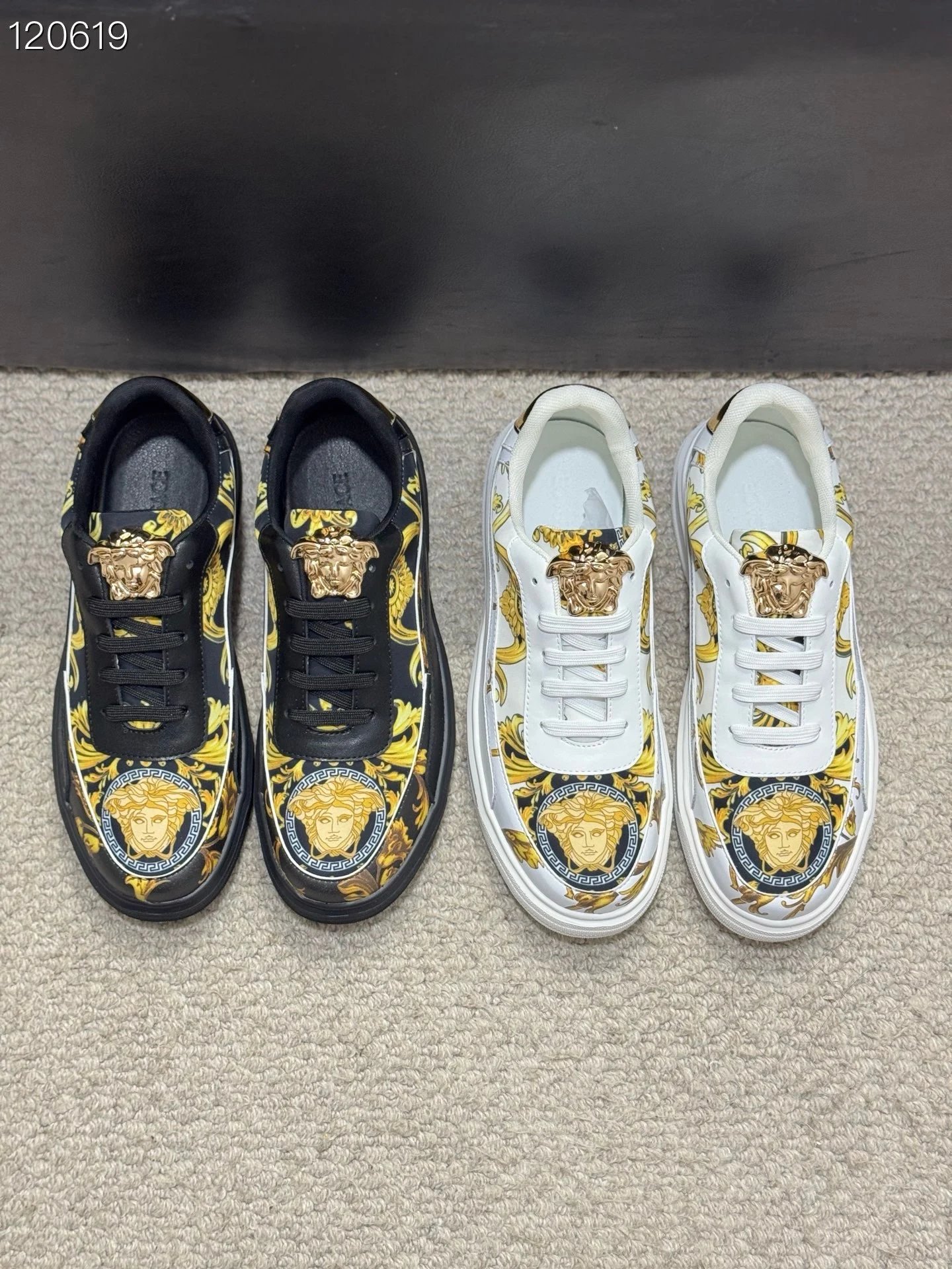 Baroque Leather Sneakers Casual Low Top Black Gold - Gallery Image 8 - Detailed View