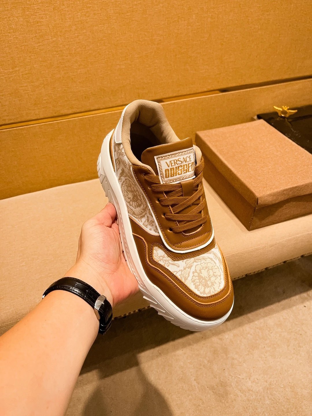 Luxury Leather Sneakers Baroque Camel - Gallery Image 7 - Detailed View