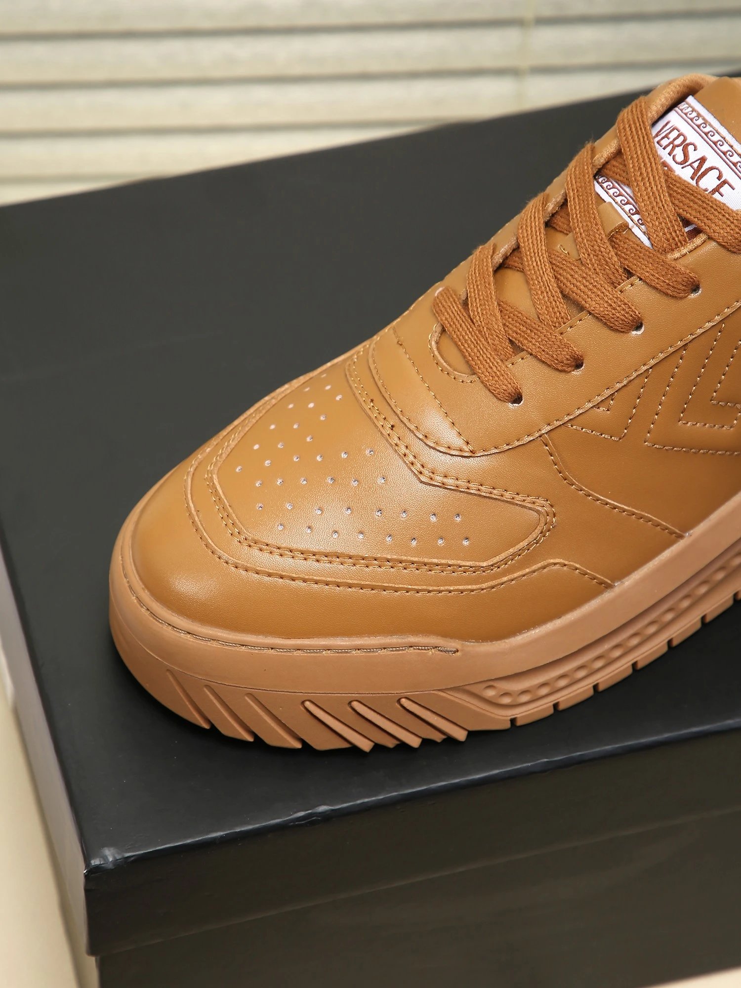 Luxury Leather Labyrinth Sneakers Caramel Brown - Gallery Image 5 - Detailed View