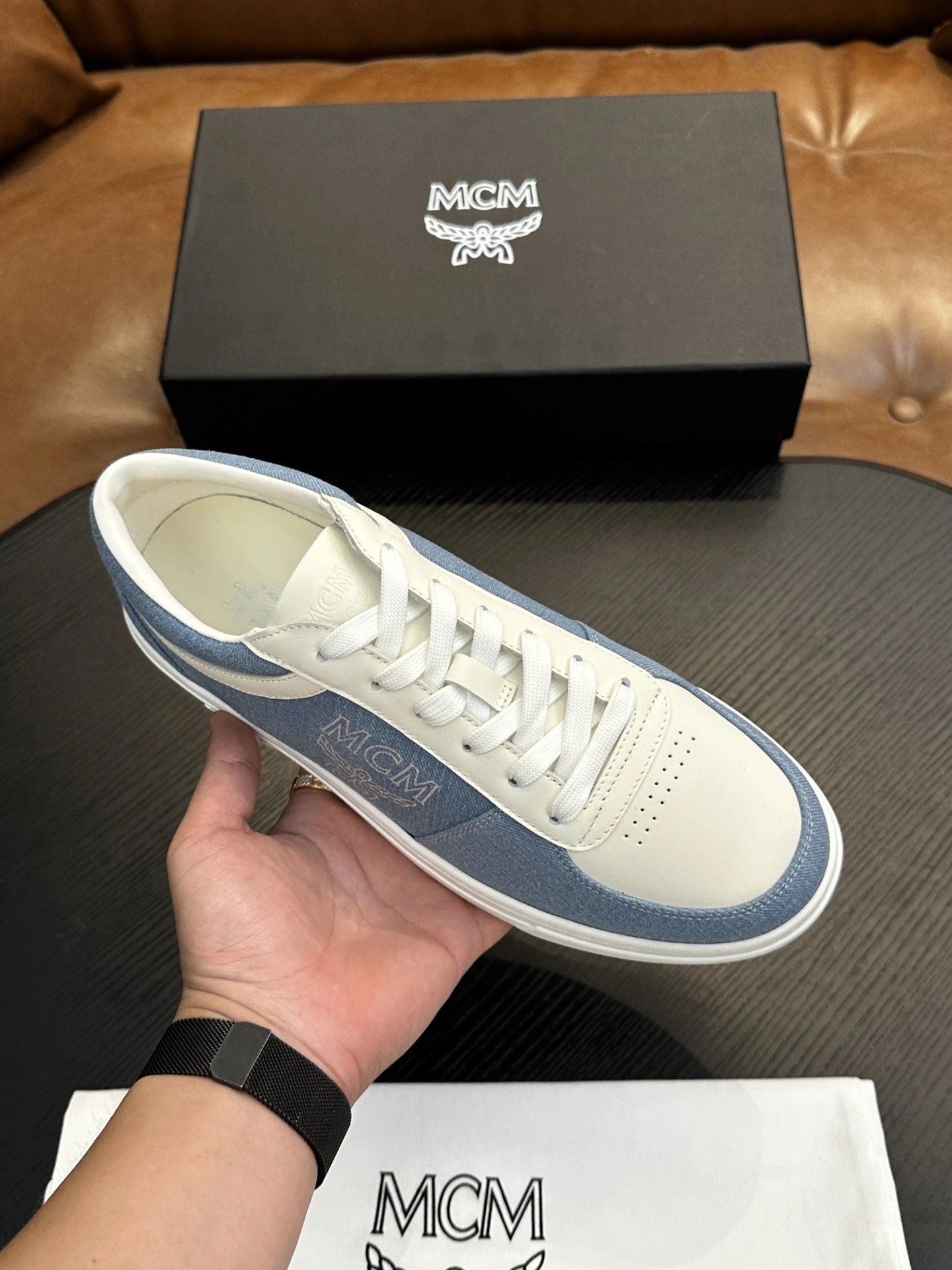 MCM Skystream Cubic Monogram Jacquard Sneaker Blue - Gallery Image 3 - Detailed View