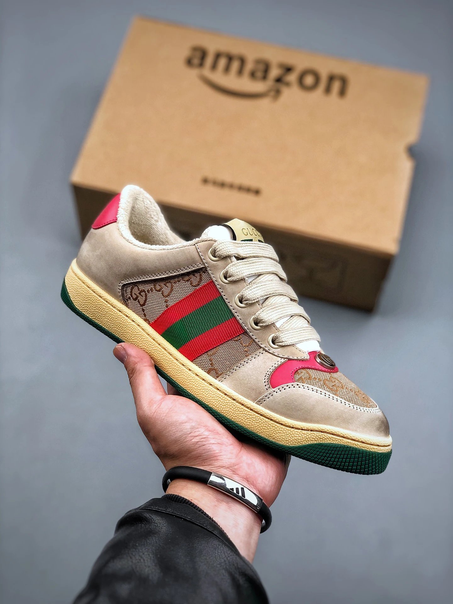 Gucci Distressed Screener Beige Pink Sneakers Red Green - Related Product - Cnfans