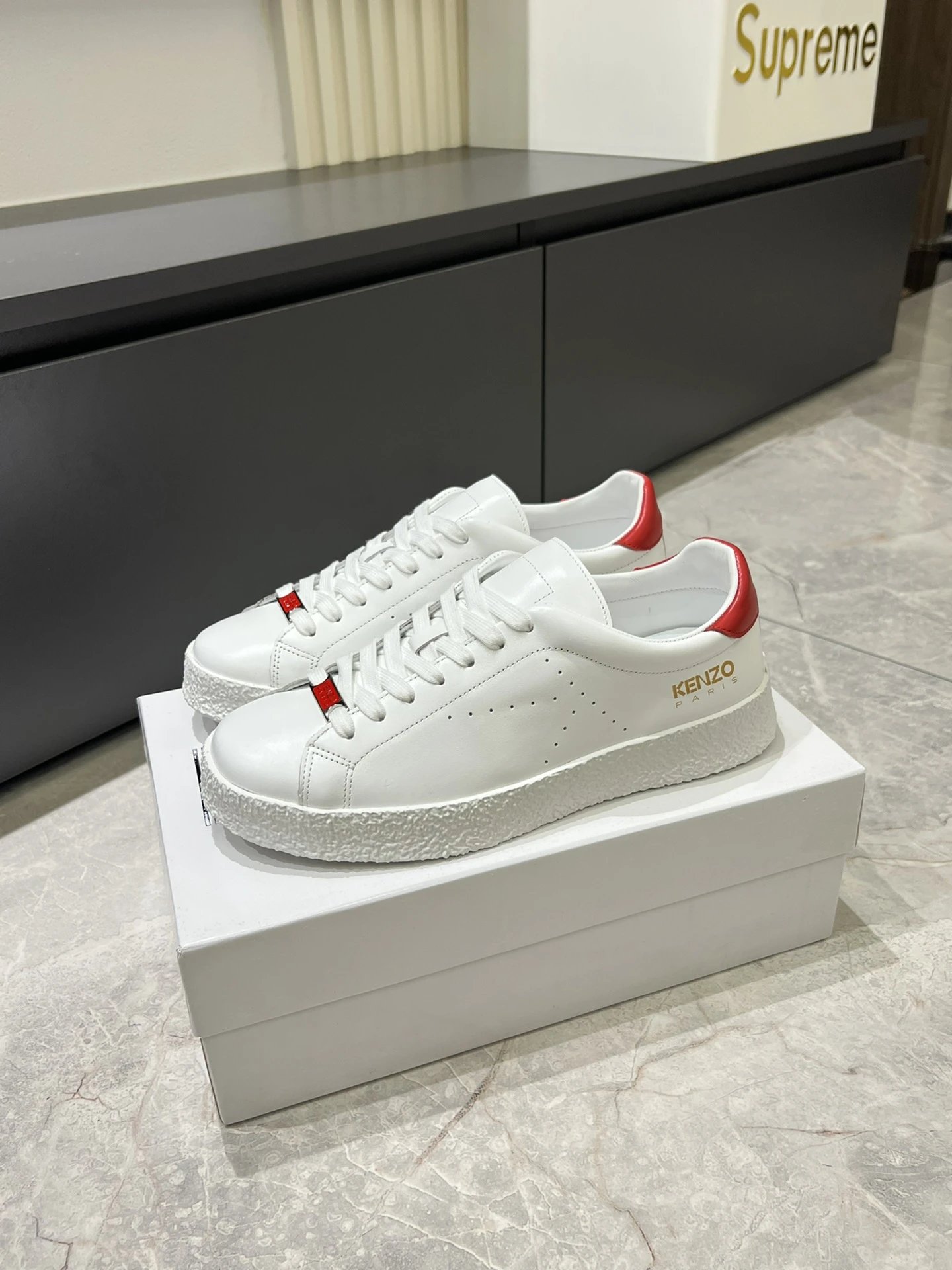 Kenzo White Leather Sneakers Red Accent - Gallery Image 4 - Detailed View