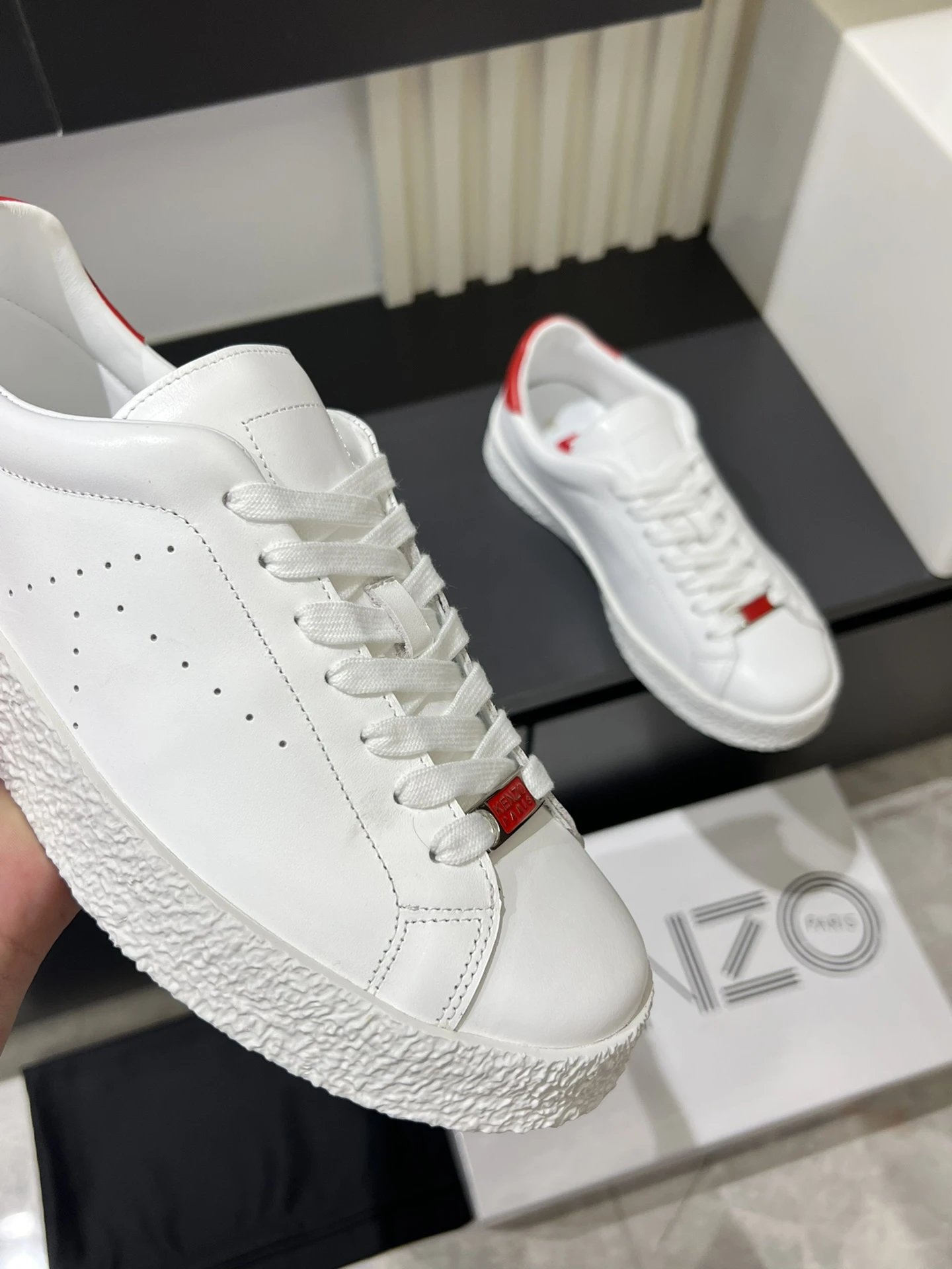 Kenzo White Leather Sneakers Red Accent - Gallery Image 8 - Detailed View
