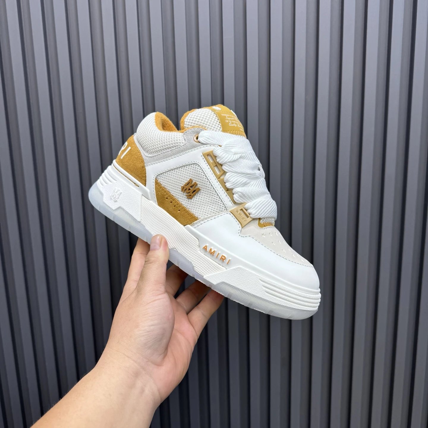 Low Top Leather Mesh Skate Sneakers Amber White - Gallery Image 3 - Detailed View