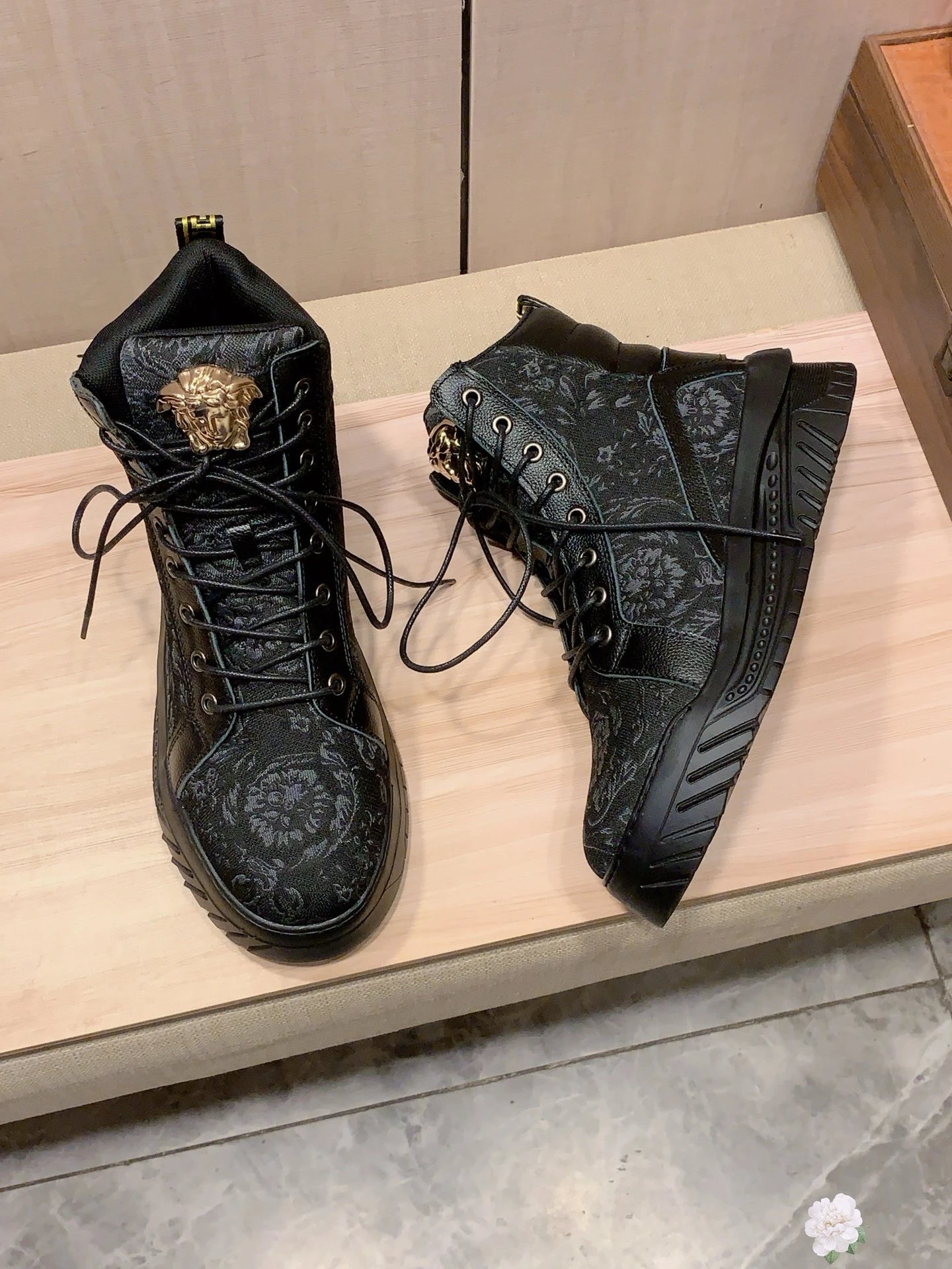 High Top Leather Sneakers Floral Black - Gallery Image 5 - Detailed View
