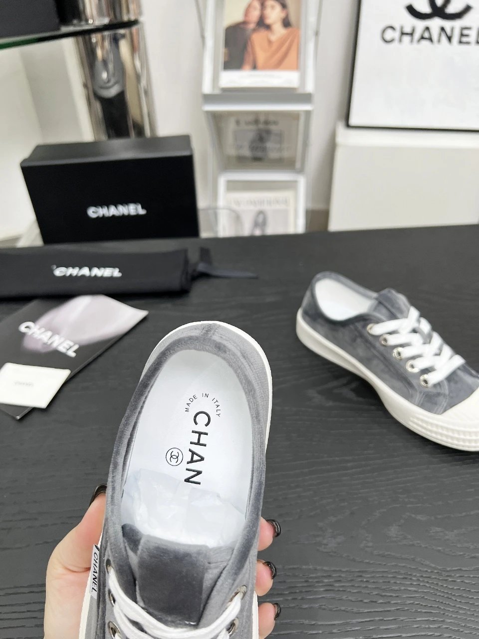 Chanel Vintage Velvet Sneakers Grey - Gallery Image 7 - Detailed View
