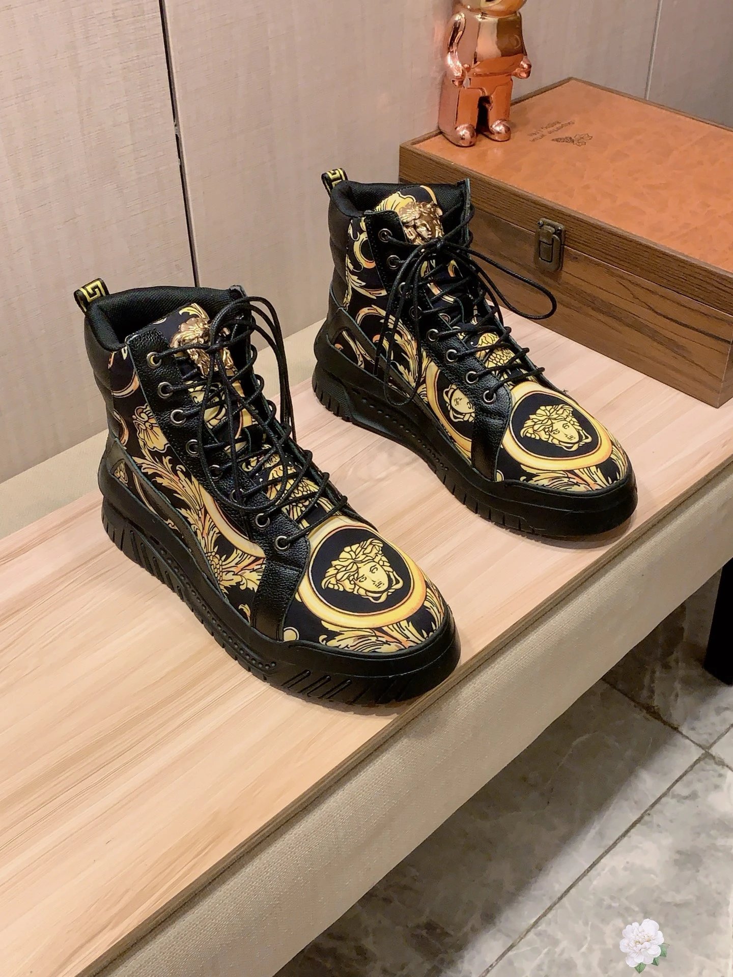 High Top Leather Sneakers Baroque Pattern Black Gold - Gallery Image 3 - Detailed View
