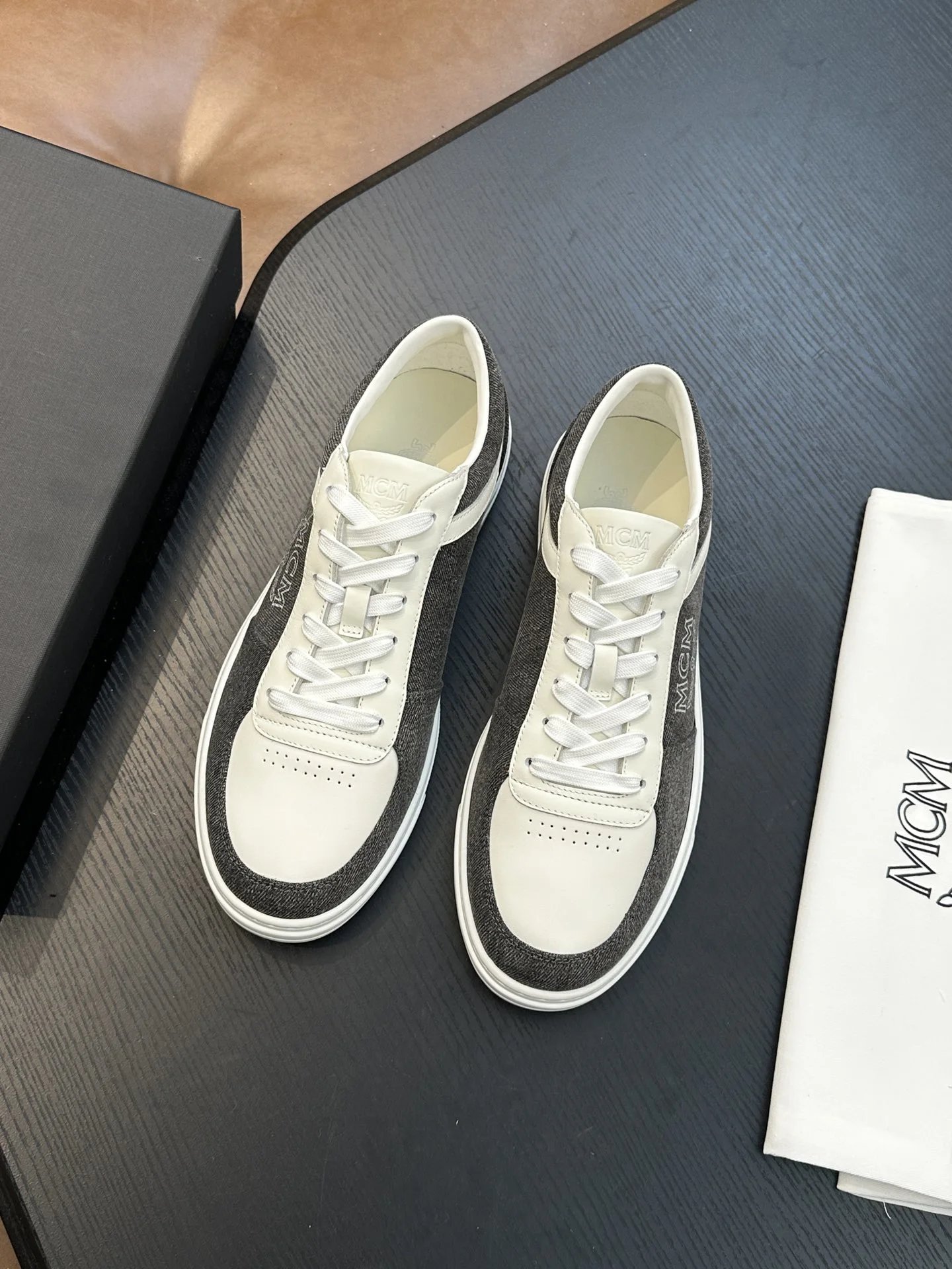 MCM Skystream Cubic Monogram Jacquard Sneaker White Grey - Gallery Image 3 - Detailed View