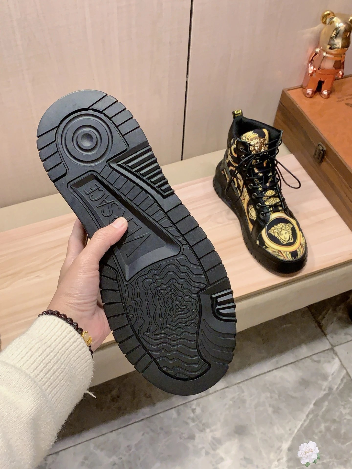 High Top Leather Sneakers Baroque Pattern Black Gold - Gallery Image 8 - Detailed View