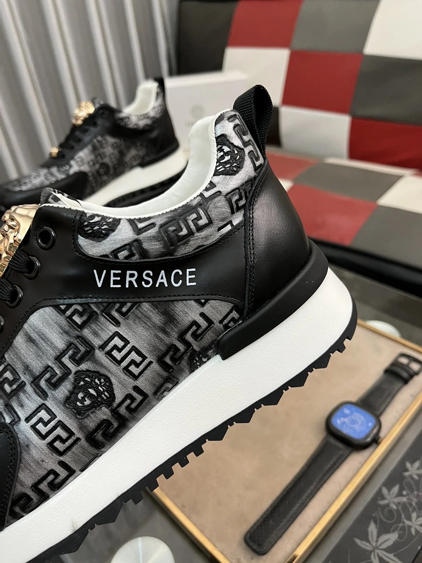 Luxury Leather Sneakers Greek Key Black - Gallery Image 7 - Detailed View