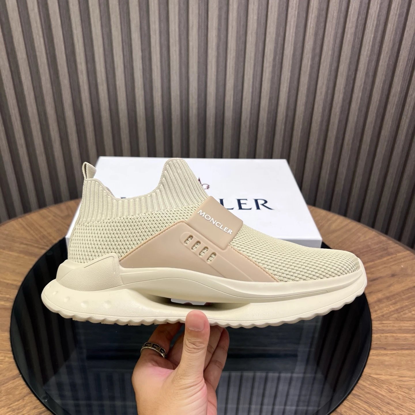 Moncler Ultra-light Knit Sneakers Beige - Gallery Image 4 - Detailed View