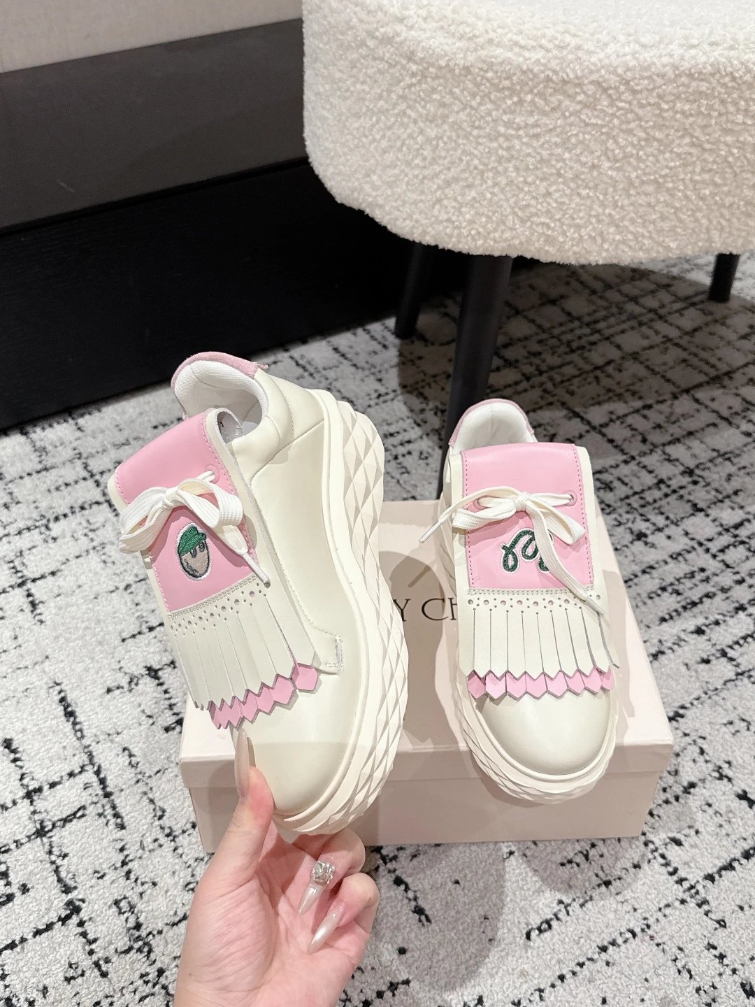 Jimmy Choo x Malbon Golf Diamond Sneakers White Pink - Gallery Image 4 - Detailed View