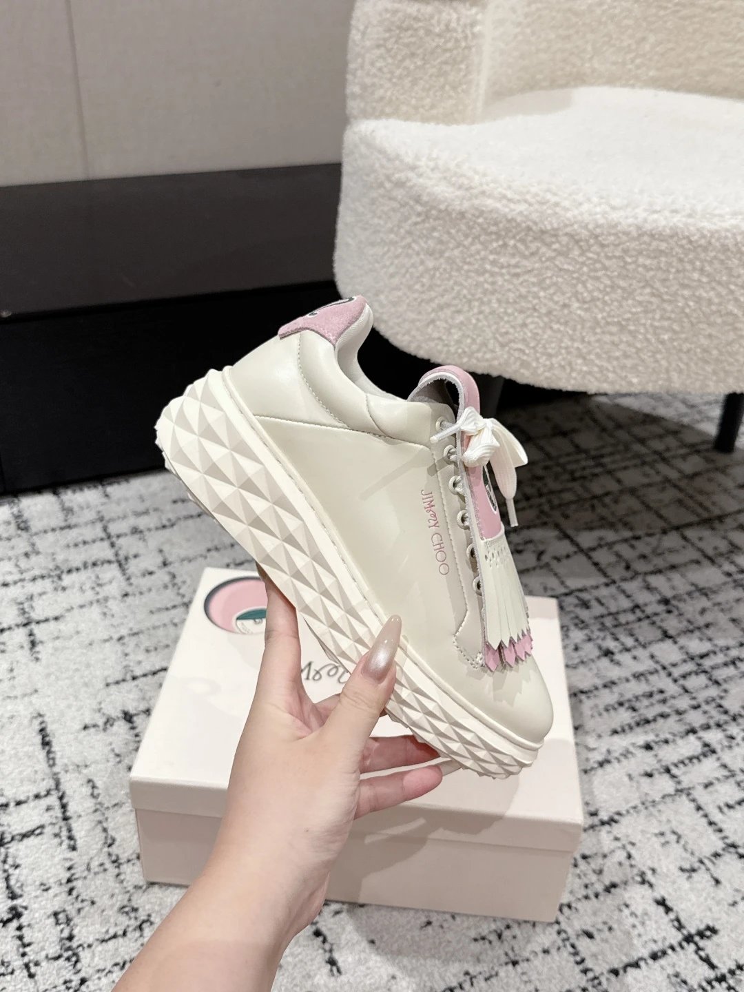 Jimmy Choo x Malbon Golf Diamond Sneakers White Pink - Gallery Image 5 - Detailed View