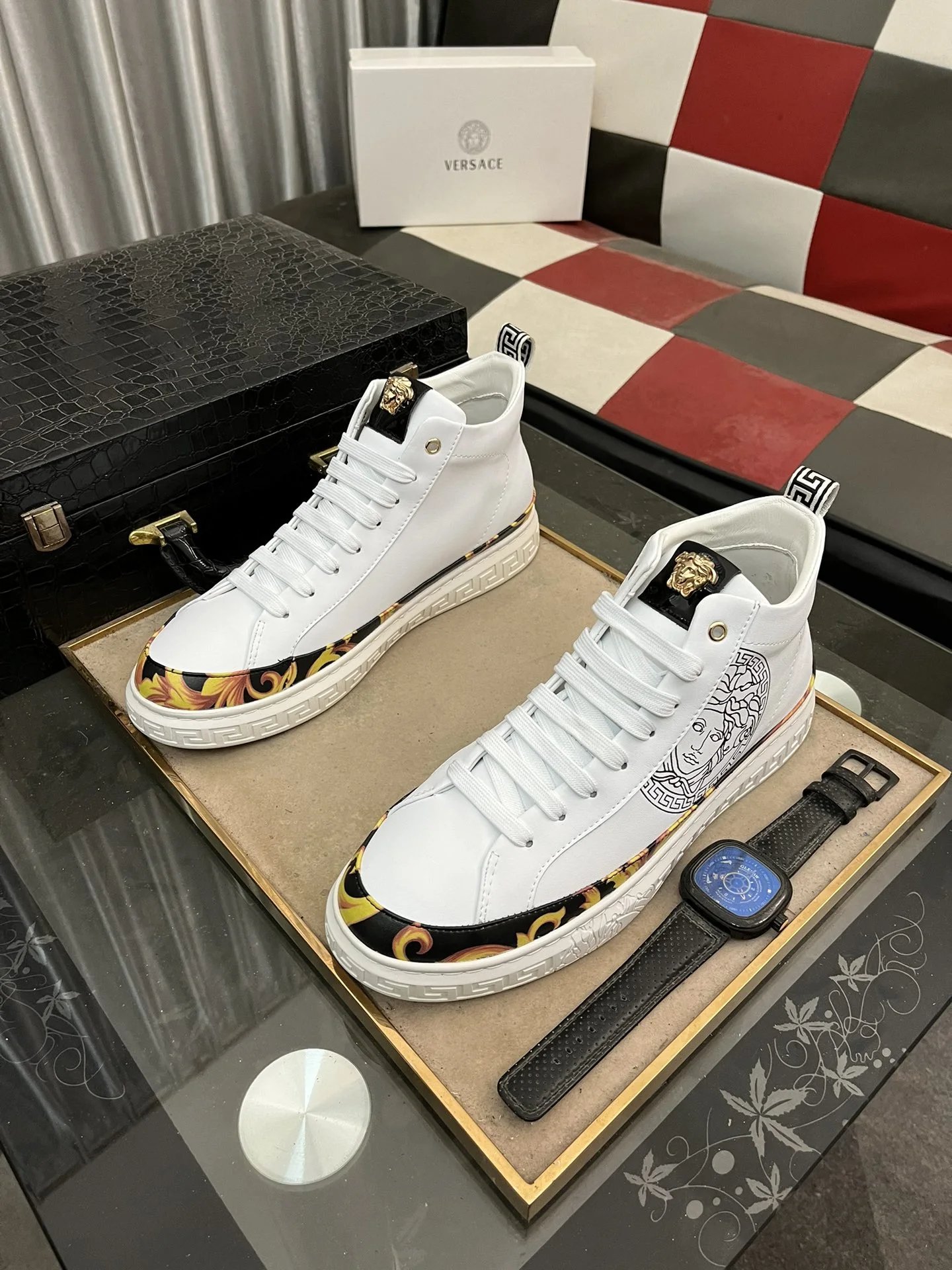 High Top Leather Sneakers Baroque White - Gallery Image 2 - Detailed View