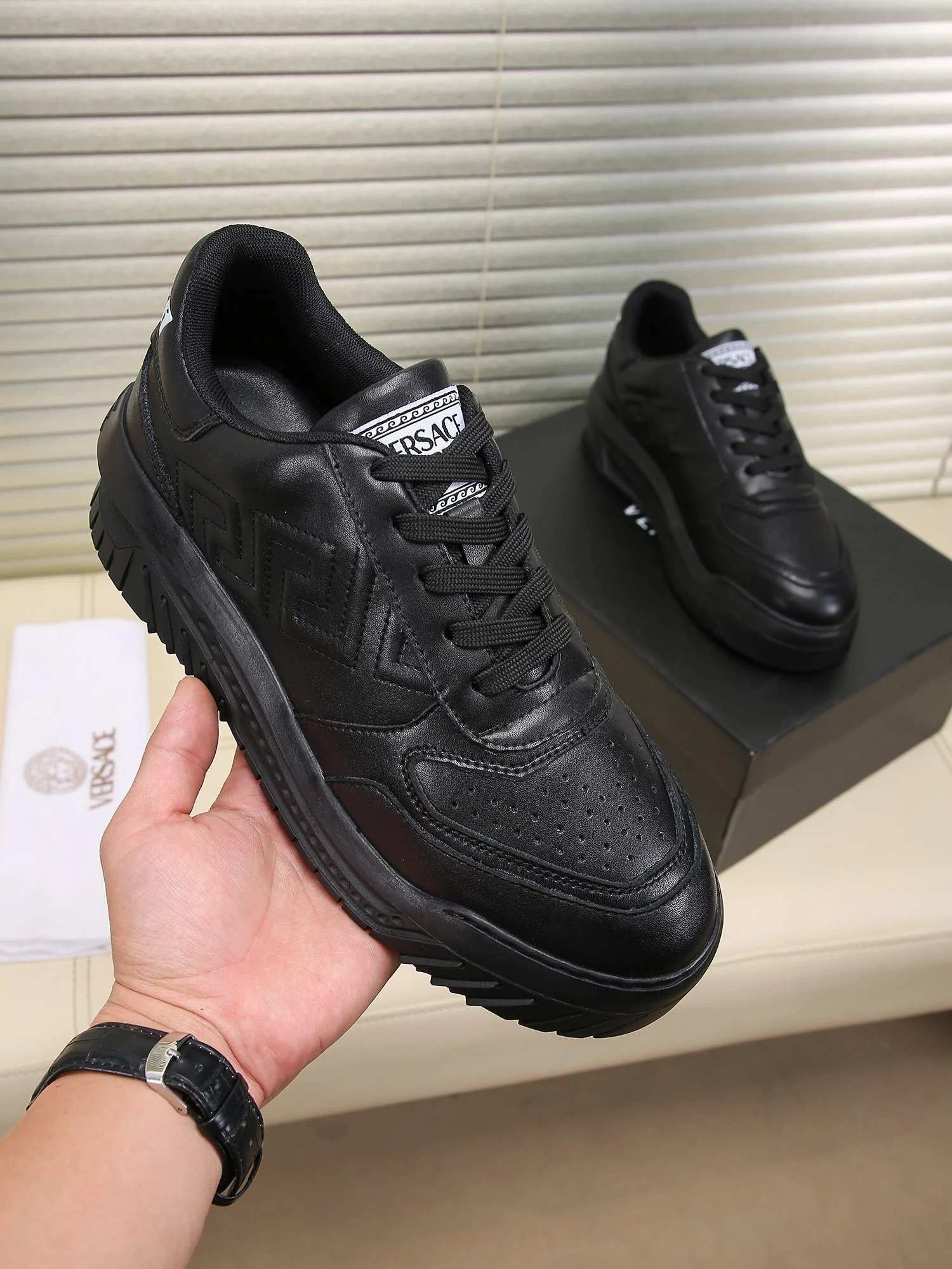 Grace Labyrinth Leather Sneakers Jet Black - Gallery Image 1 - Detailed View