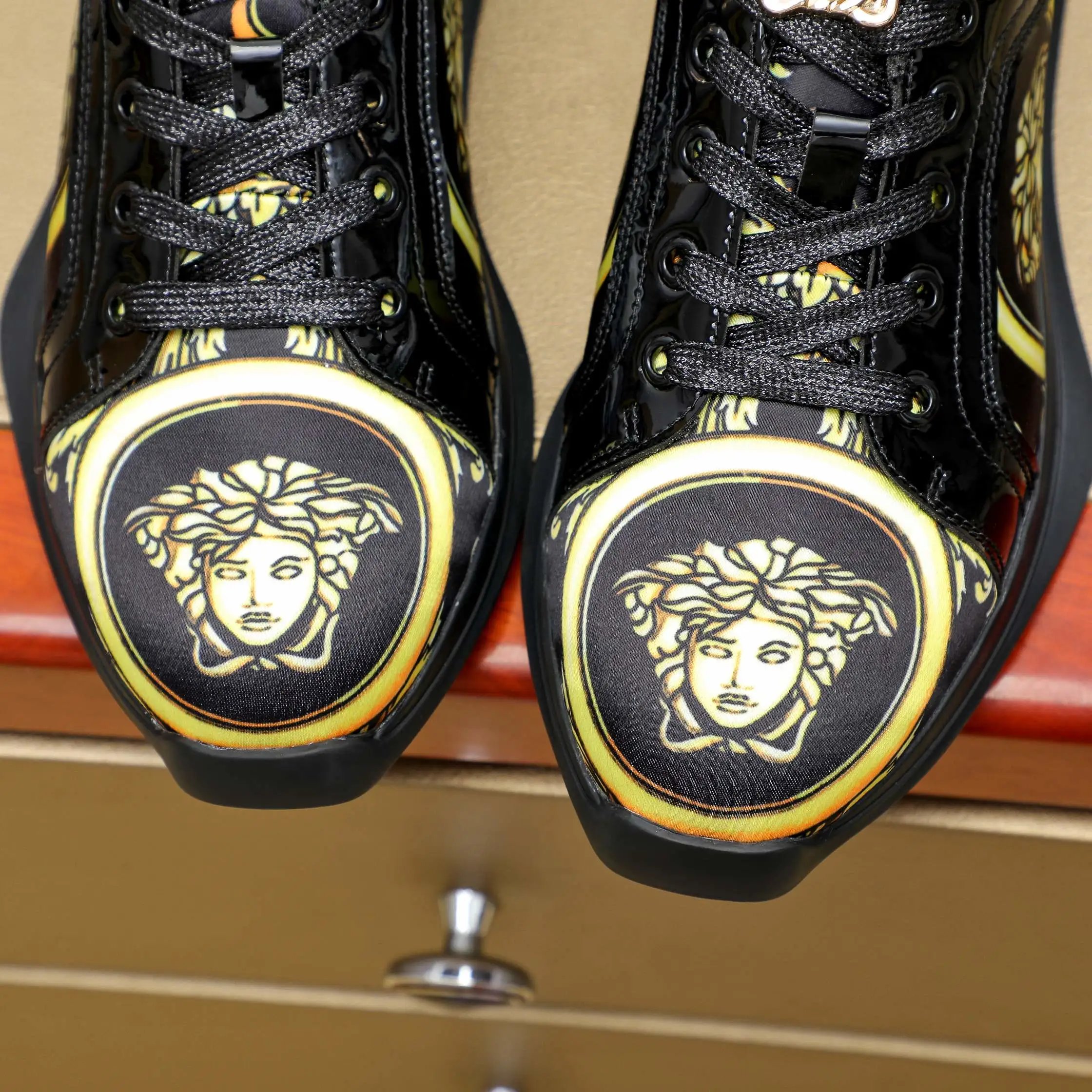 Luxury Leather Low Top Sneakers Baroque Black Gold - Gallery Image 6 - Detailed View