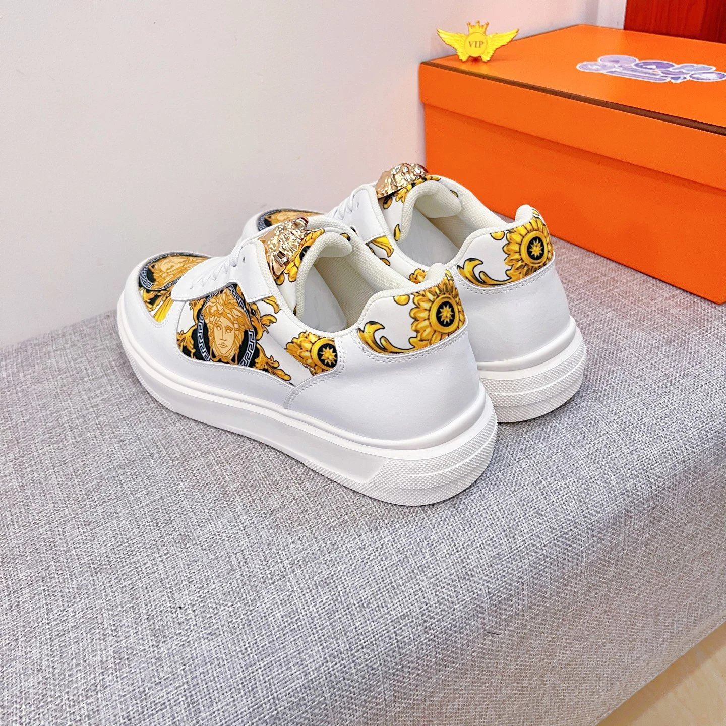 Luxury Leather Low Top Sneakers Baroque Gold White - Gallery Image 9 - Detailed View