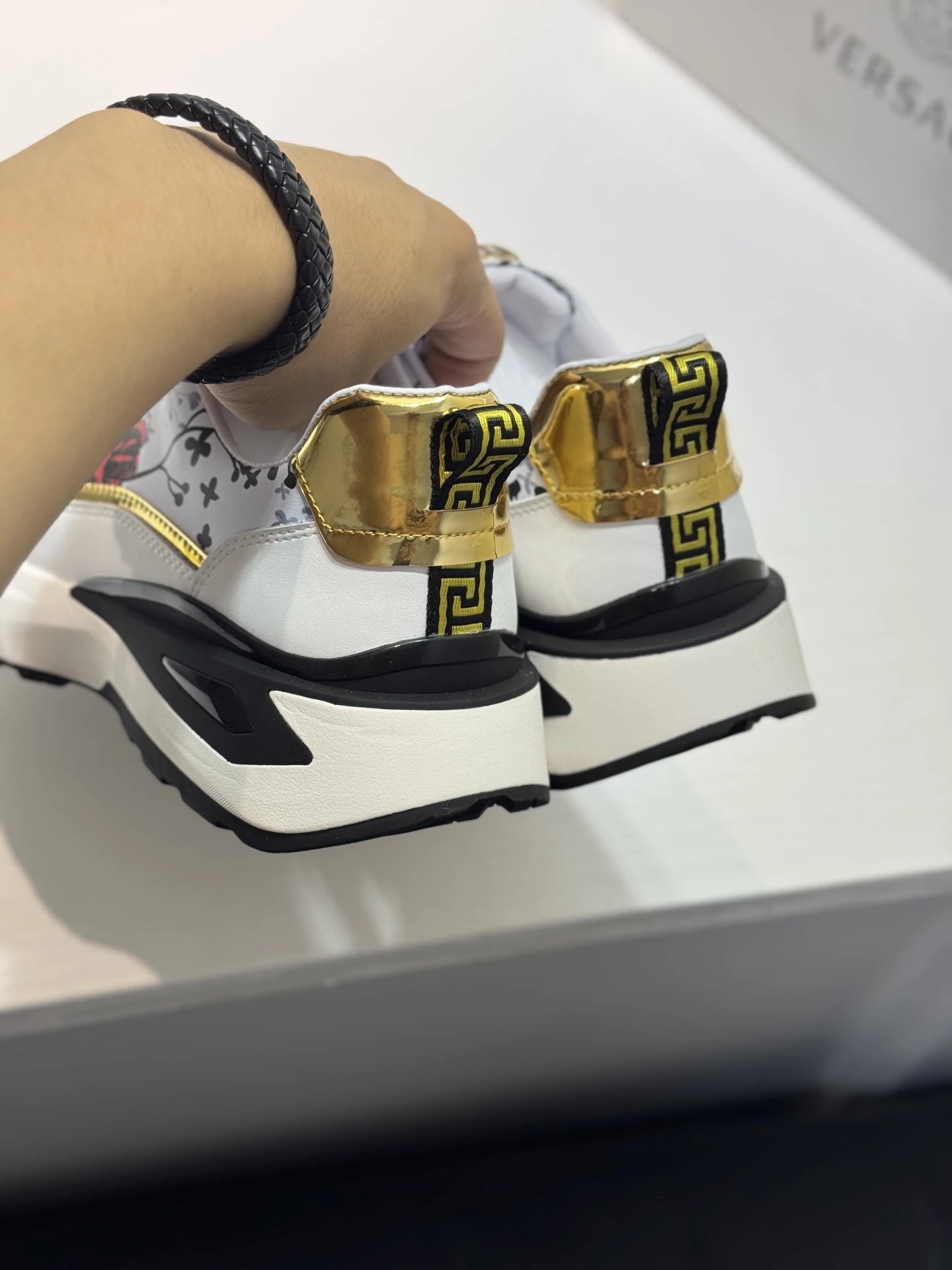 Luxury Leather Medusa Sneakers with Floral Accents White Gold - Gallery Image 3 - Detailed View