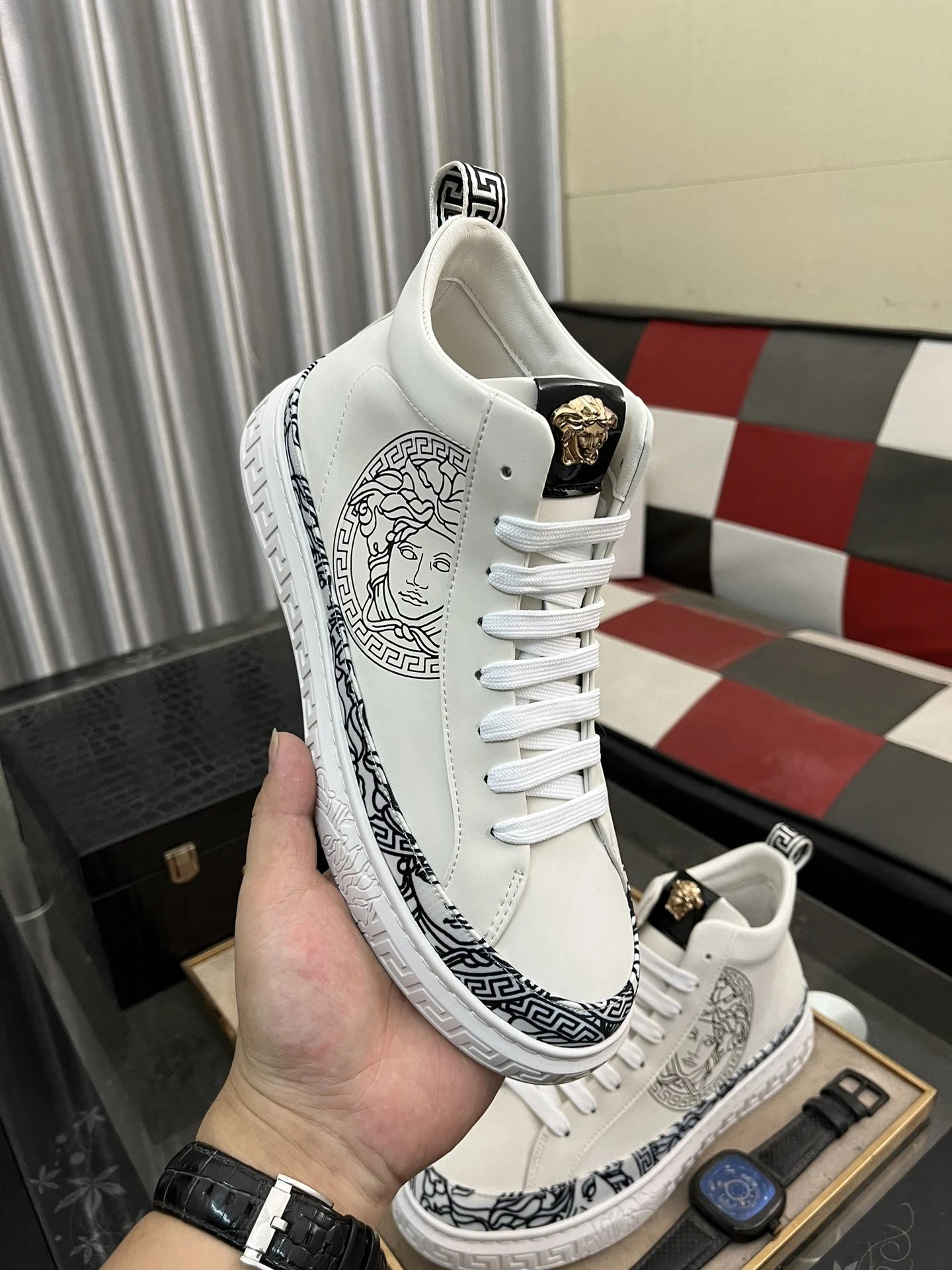 Men's High Top Leather Sneakers White - Gallery Image 4 - Detailed View